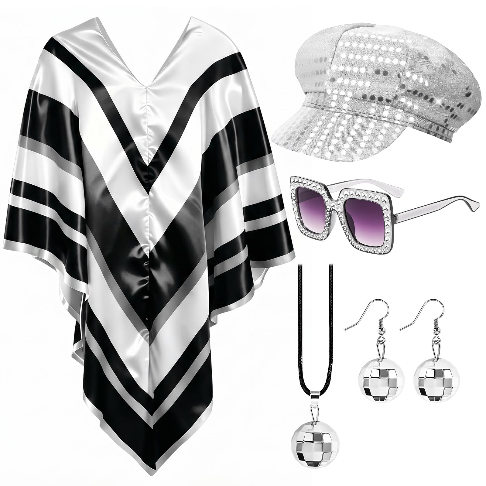Bryndo 5 Pcs 70s Fancy Dress Set for Women, Disco Costume Accessories with Abba Pop Poncho Sequin Beret Hat Square Bling Sunglasses Earrings Necklace for 70s Theme Party Dress Up (Black) — image 1