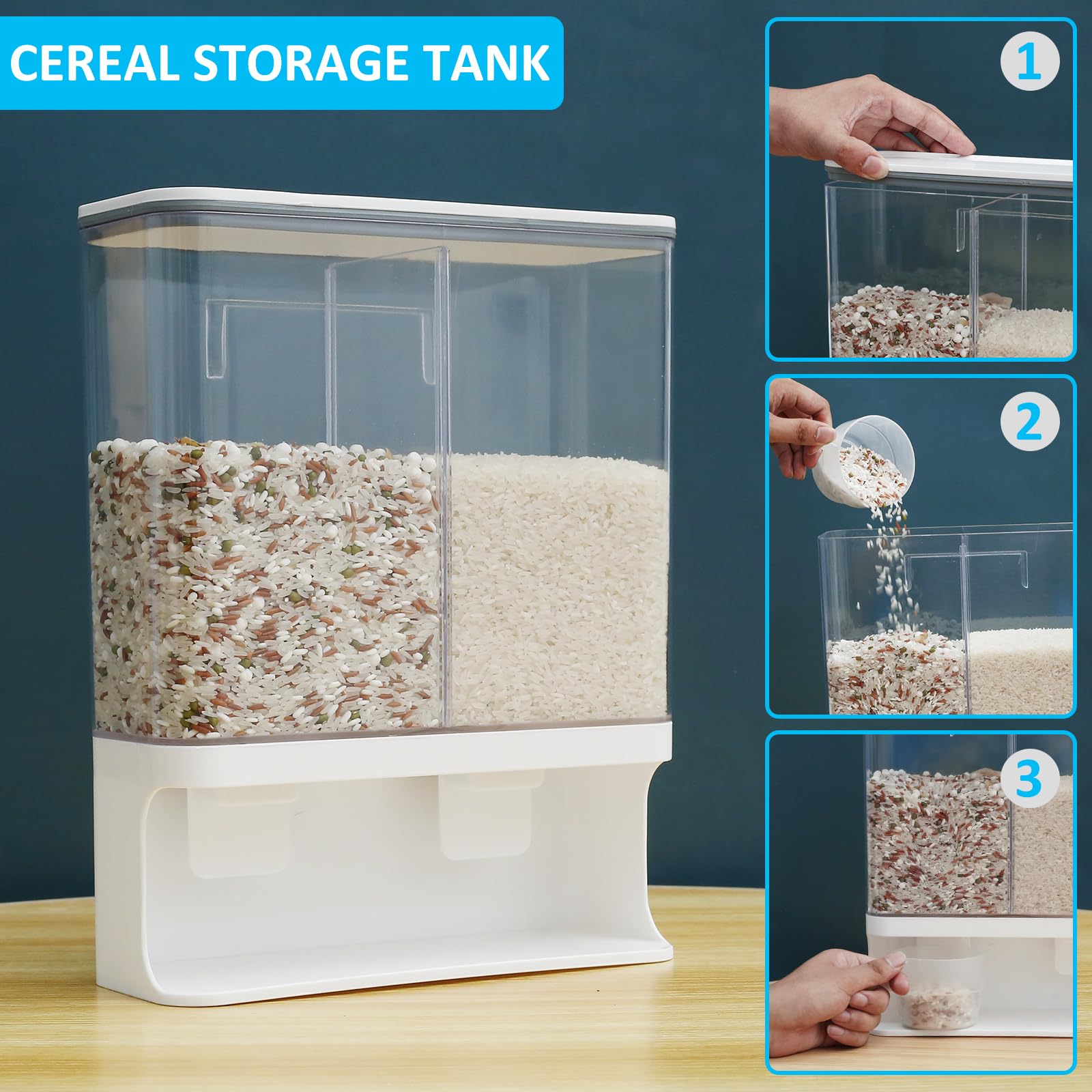 Contenitore per riso, 1500 ml, dispenser sigillato da parete, con coperchio e tazza, per cucina, design trasparente, organizer salvaspazio per alimenti