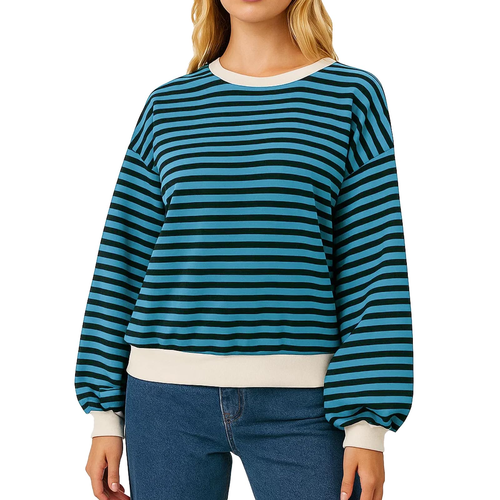 Sudadera de manga larga a rayas para mujer, casual, cuello redondo, con dobladillo de contraste en los puños — view 7
