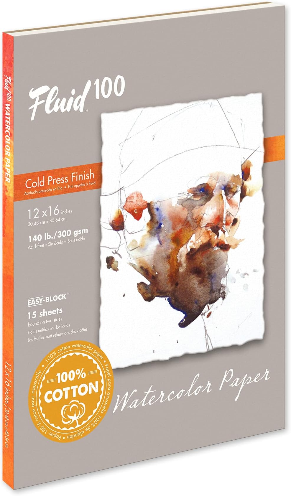 Fluid 100 Watercolor Paper Block, 12 x 16 inches, 15 Sheets, 140 lb (300 GSM) 100% Cotton Cold Press Pad for Artist Painting and Wet Media