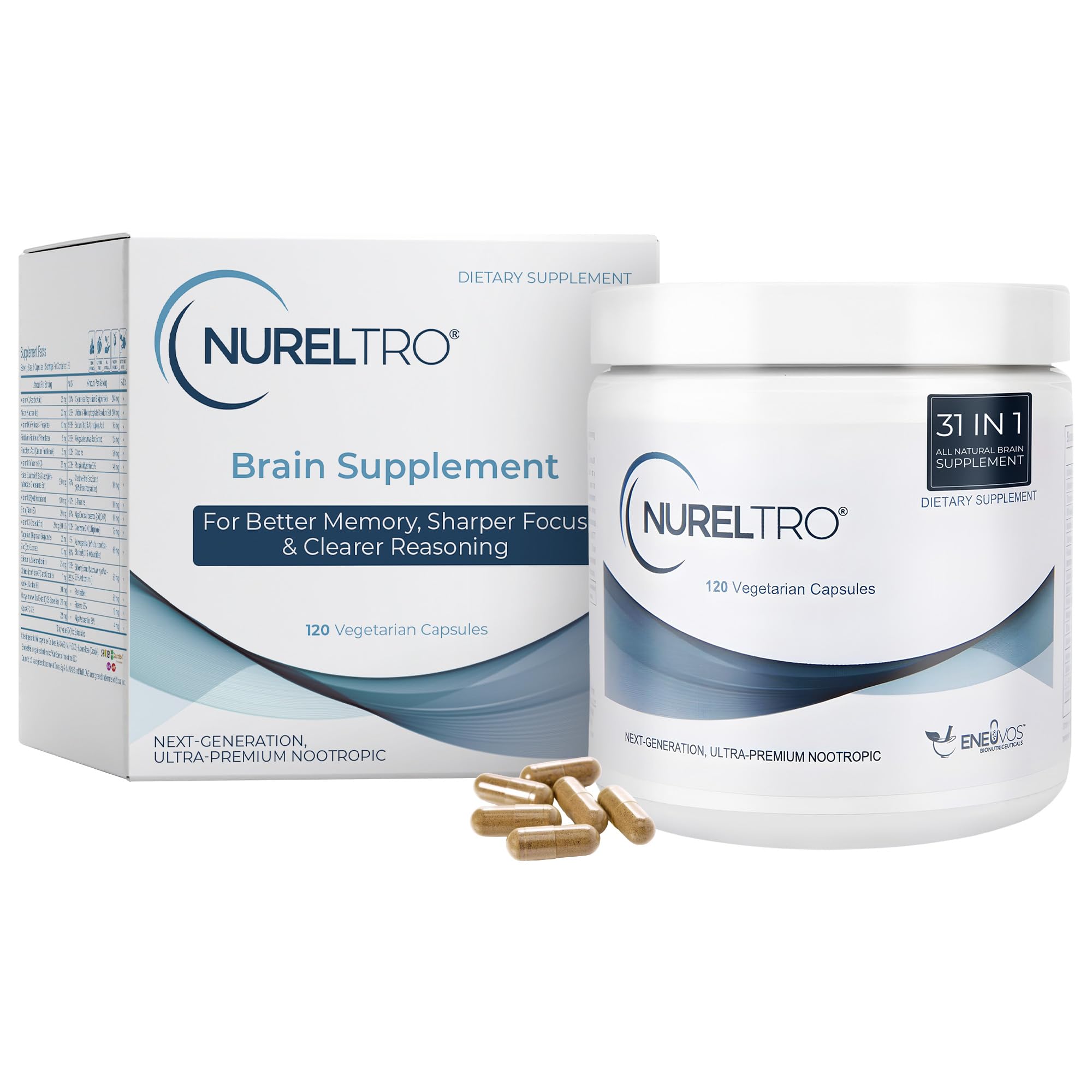 Nureltro® Brain Supplements for Memory and Focus, 120 Capsules - Nootropics Brain Support Supplement, Focus Supplement, Comprehensive Brain Health Supplements for Adults and Seniors, Caffeine-Free