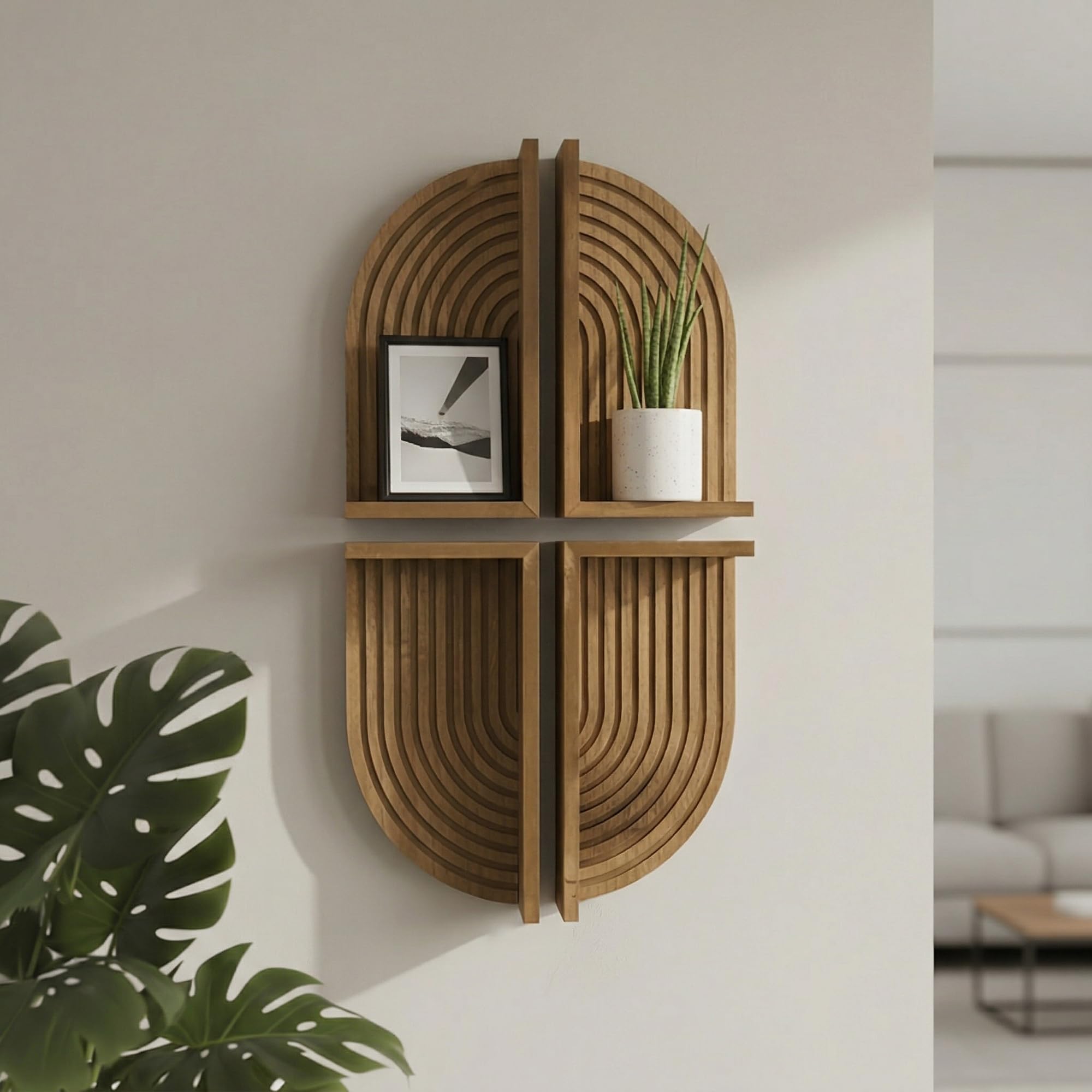 American Art Decor Brown Natural Boho Arched Lunar Ledges Wall Shelf, Wood 4 Piece Floating Display Shelf, Modular Arch Bookshelf for Bedroom, Bathroom, Kitchen &amp; Living Room Decor, 6" x 12" x 4.75"