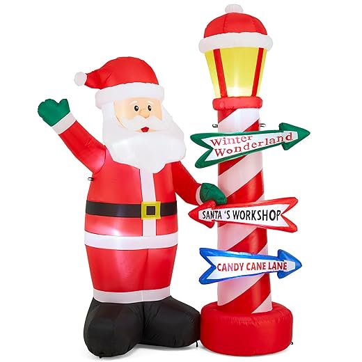 Glitzhome 7FT Inflatable Santa with LED Lamp Post, Outdoor Christmas Decoration with Directional Signs for Yard Lawn Xmas Decor