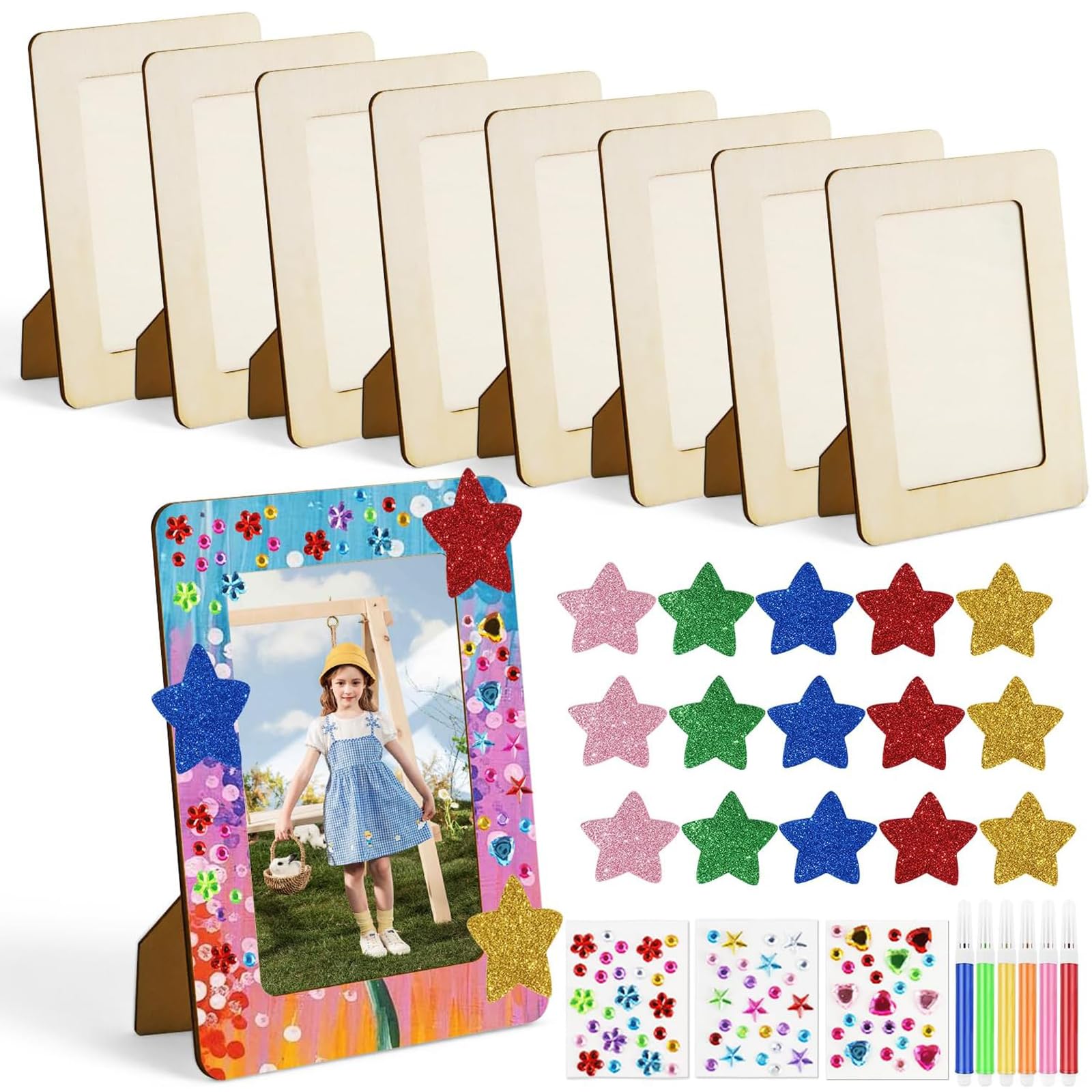 FYSL 8er-Set Holzbilderrahmen zum Bemalen für Kinder (14x19cm) | Bilderrahmen Bastelset mit 6 Wasserfarben, Glitzersteinen | Kreativ-Set zur Selbstgestaltung