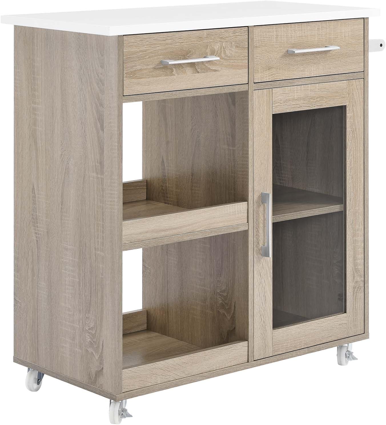 Modway Culinary Rolling Kitchen Cart with Storage in Oak White - 3 Tiers Kitchen Island on Wheels with Towel Bar, Functional as a Coffee Station, Bar Cabinet or Butcher Block Island