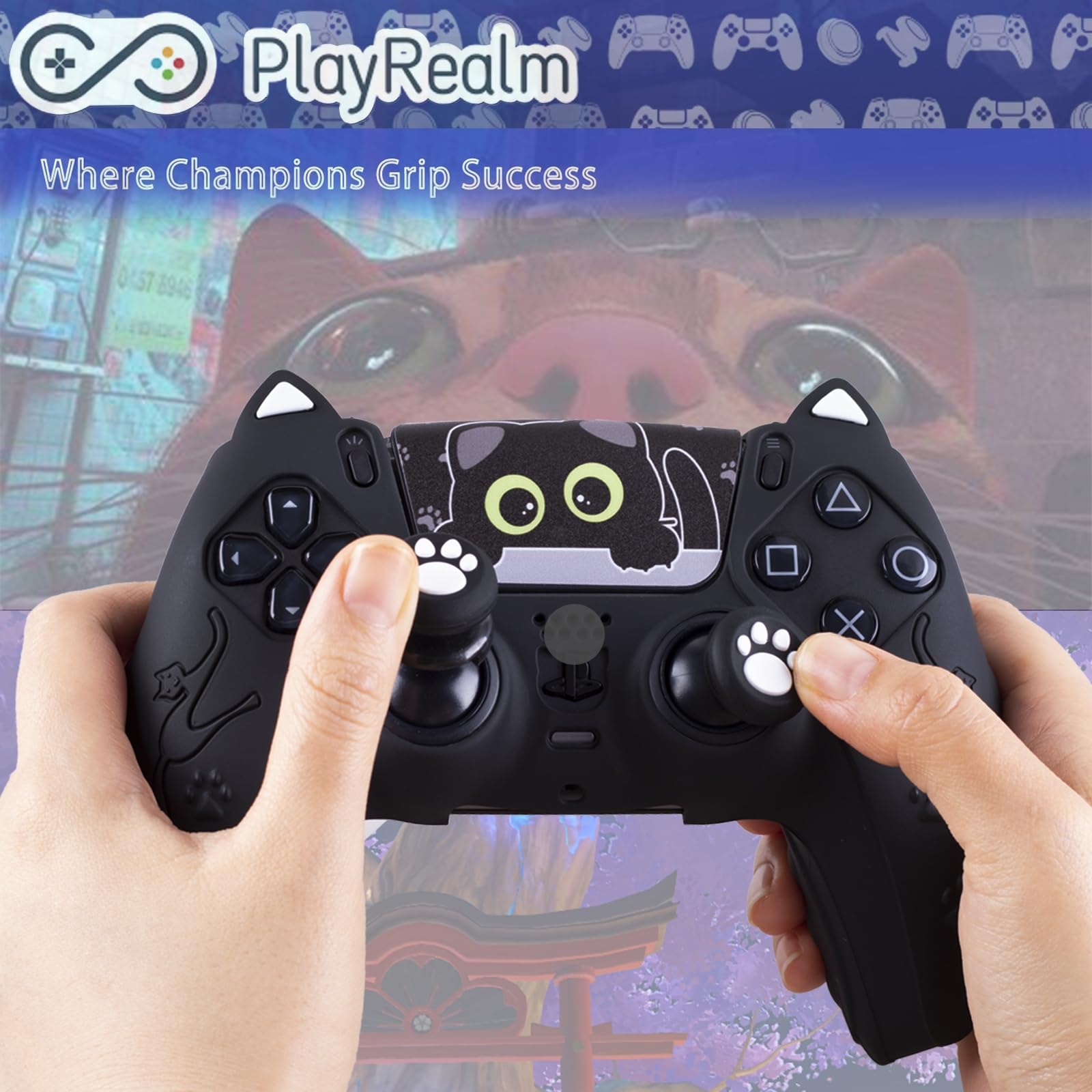 1 x Silikon-Aufkleber und Verlängerungsgriffe für PS5-Controller, Katzen, Schwarz