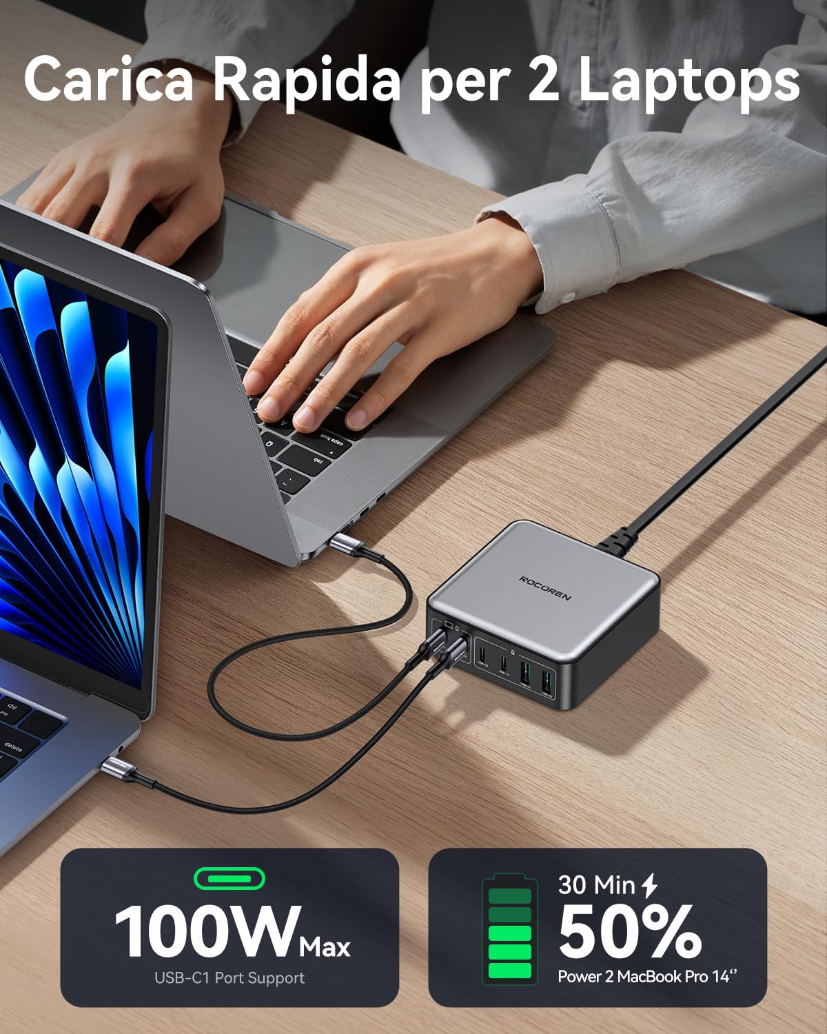 Rocoren 270W Caricatore USB C Multiplo, GaN 6 Porte PD 100W QC4.0 PPS 2-Laptop Stazione di Ricarica Alimentatore USB Compatibile con MacBook Pro Air Len0vo HP iPh0ne 16 15 Galaxy Steam Deck e altro