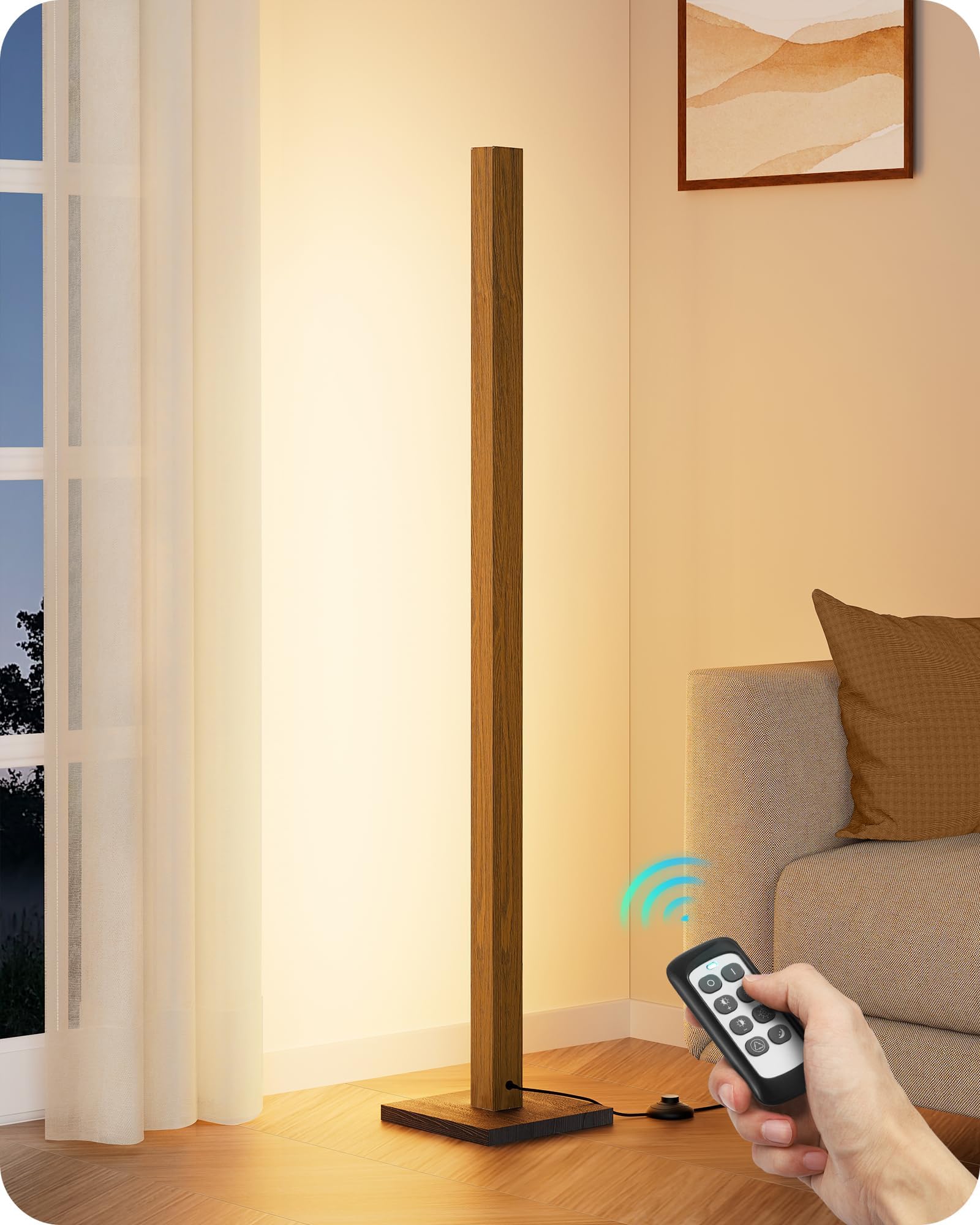 Mid Century Modern Floor Lamp with Remote, Dimmable Wood LED Corner Lamp, Minimalist Standing Mood Lighting for Living Room, Bedroom, Office, 7 Color Temperature 2700K~6000K, 48.43"
