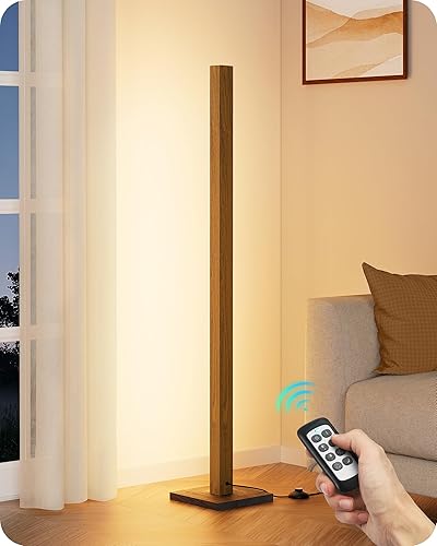 EDISHINE Lámpara de pie moderna de mediados de siglo con control remoto, luz LED de esquina de madera regulable, iluminación minimalista de pie para