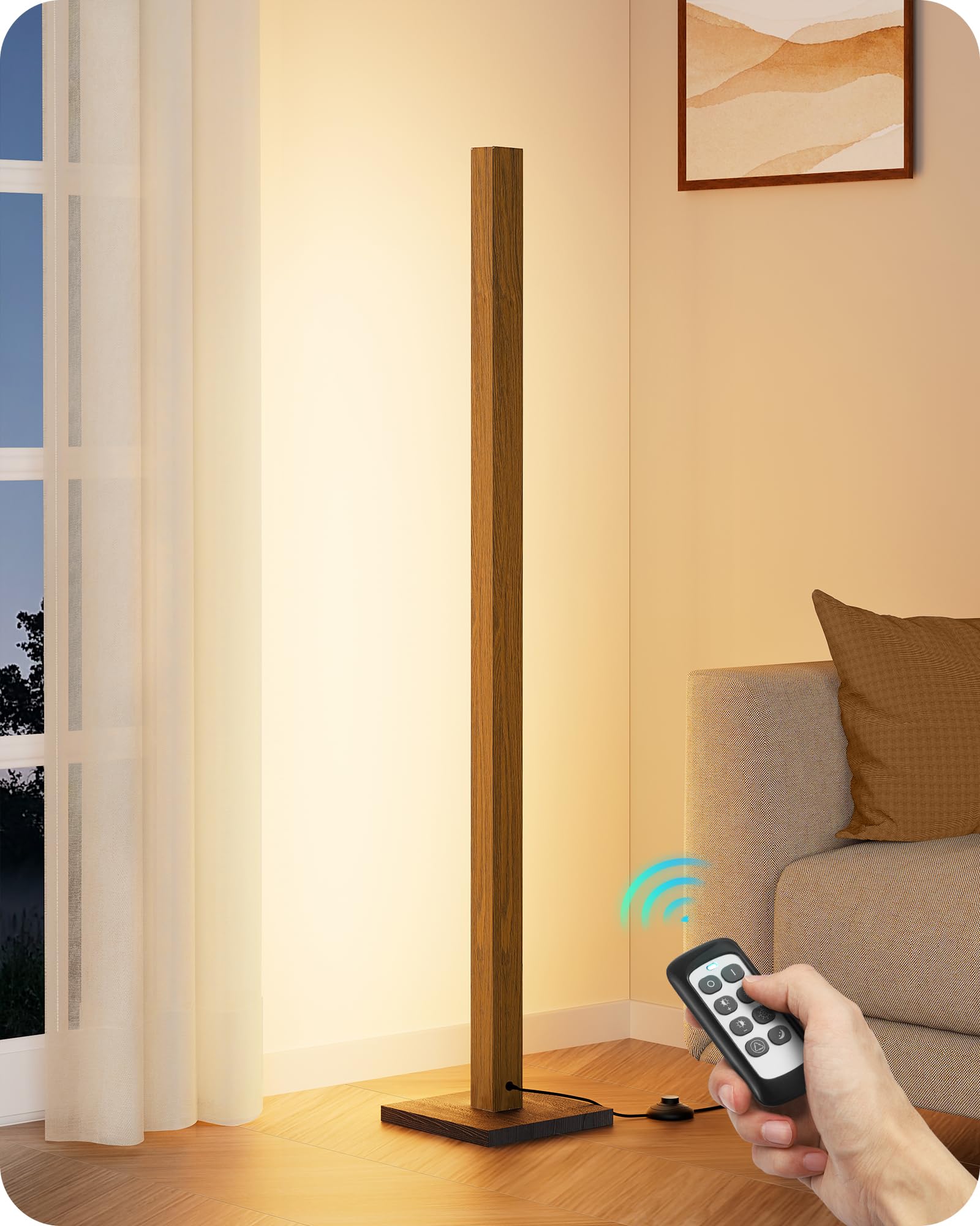 EDISHINE Mid Century Modern Floor Lamp with Remote, Dimmable Wood LED Corner Light, Minimalist Standing Mood Lighting for Living Room, Bedroom, Office, 7 Color Temperature 2700K~6000K, 46"