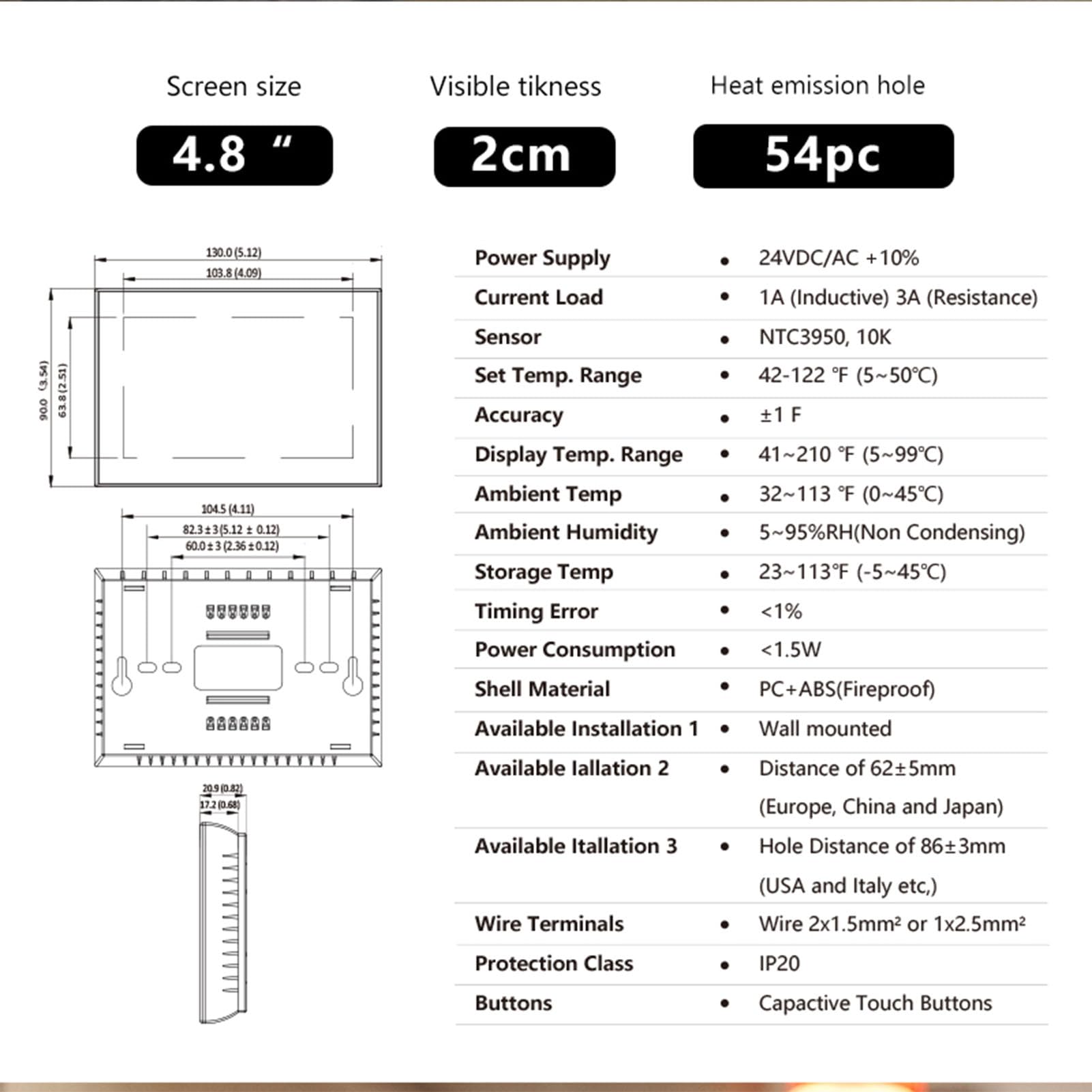 Topiky Termostato Programmabile per Pompa di Calore con Adattatore Cavo C LCD Touch per Climatizzazione Domestica ABS 1 unità (WHITE)