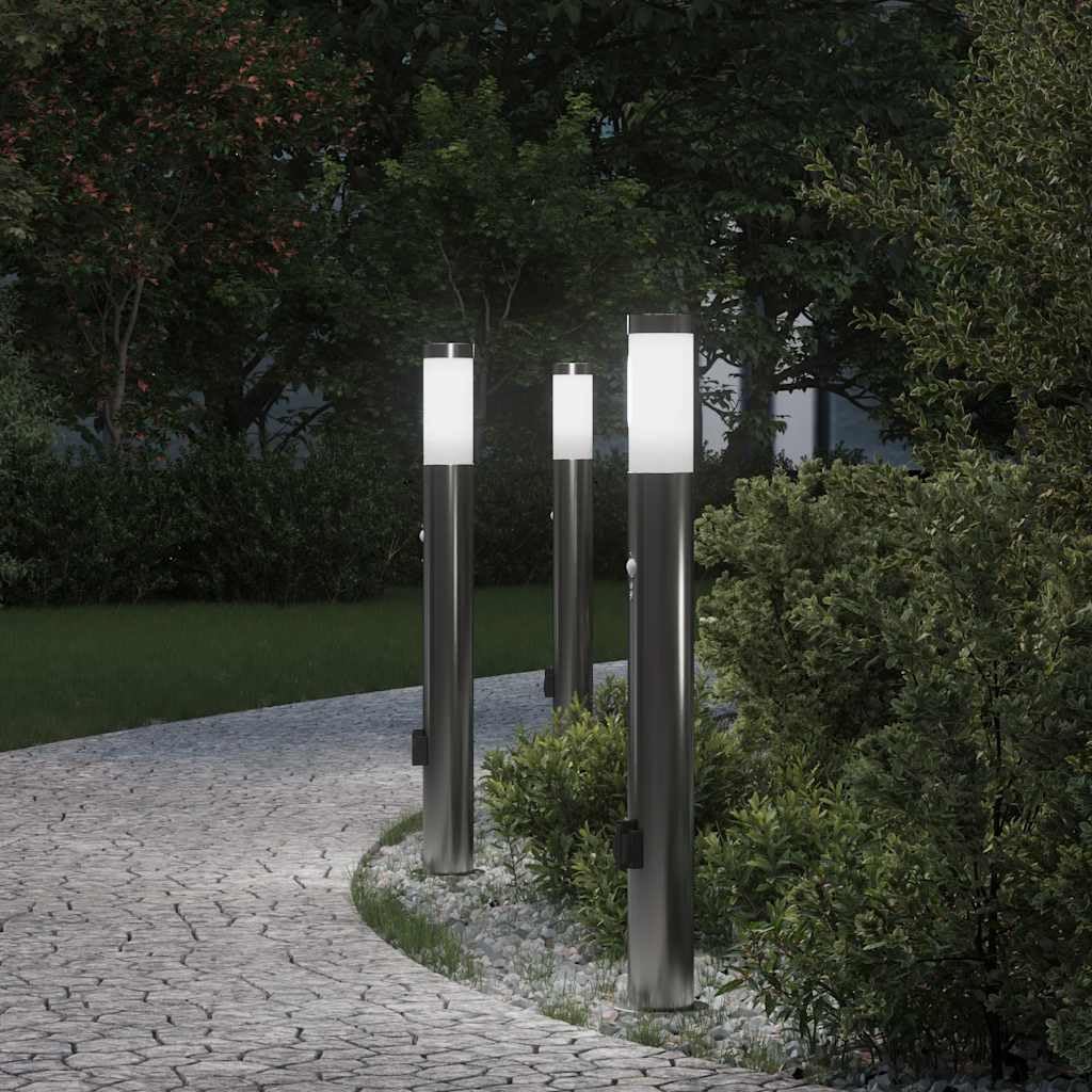 Juego de 3 lámparas de bolardo de acero inoxidable, 80 cm, con sensor de movimiento PIR y enchufe integrado, IP44, para exteriores, terraza, camino, iluminación