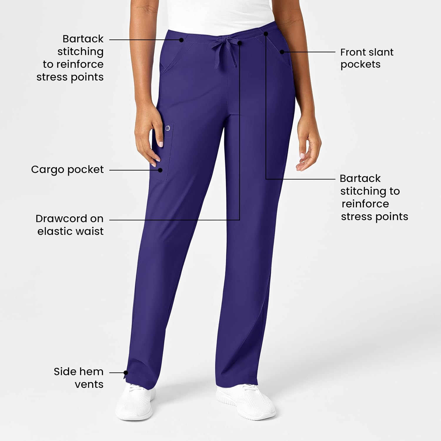 WonderWink W123 Women’s Drawstring Scrub Pant — Grape, X-Small Petite