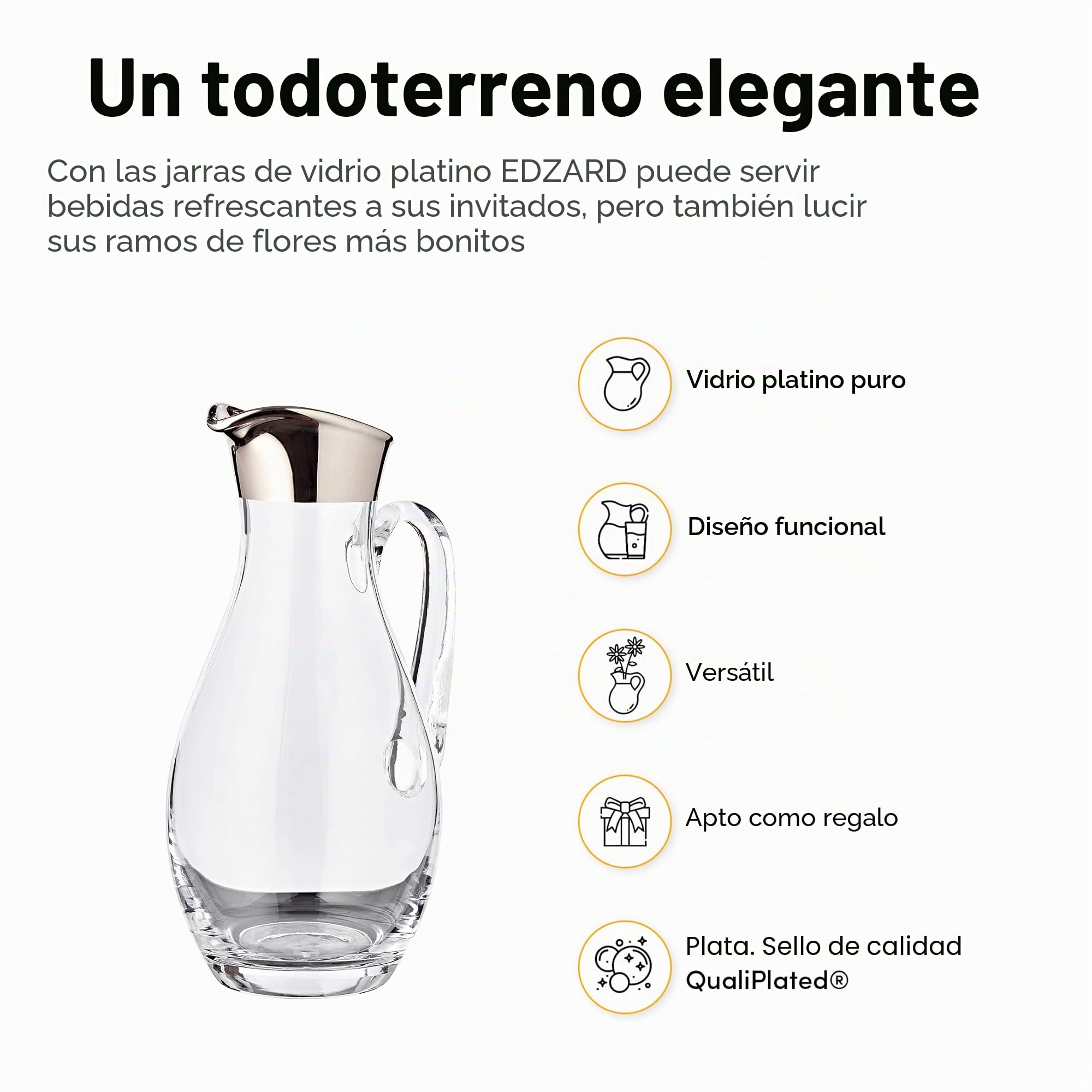 EDZARD Jarra Johnny, vidrio soplado con borde de platino, altura 30 cm, capacidad 1,8 litro, cántaro, jug, carafe, garaffa, decanter, jarron, para agua, zumo, té helado, vino