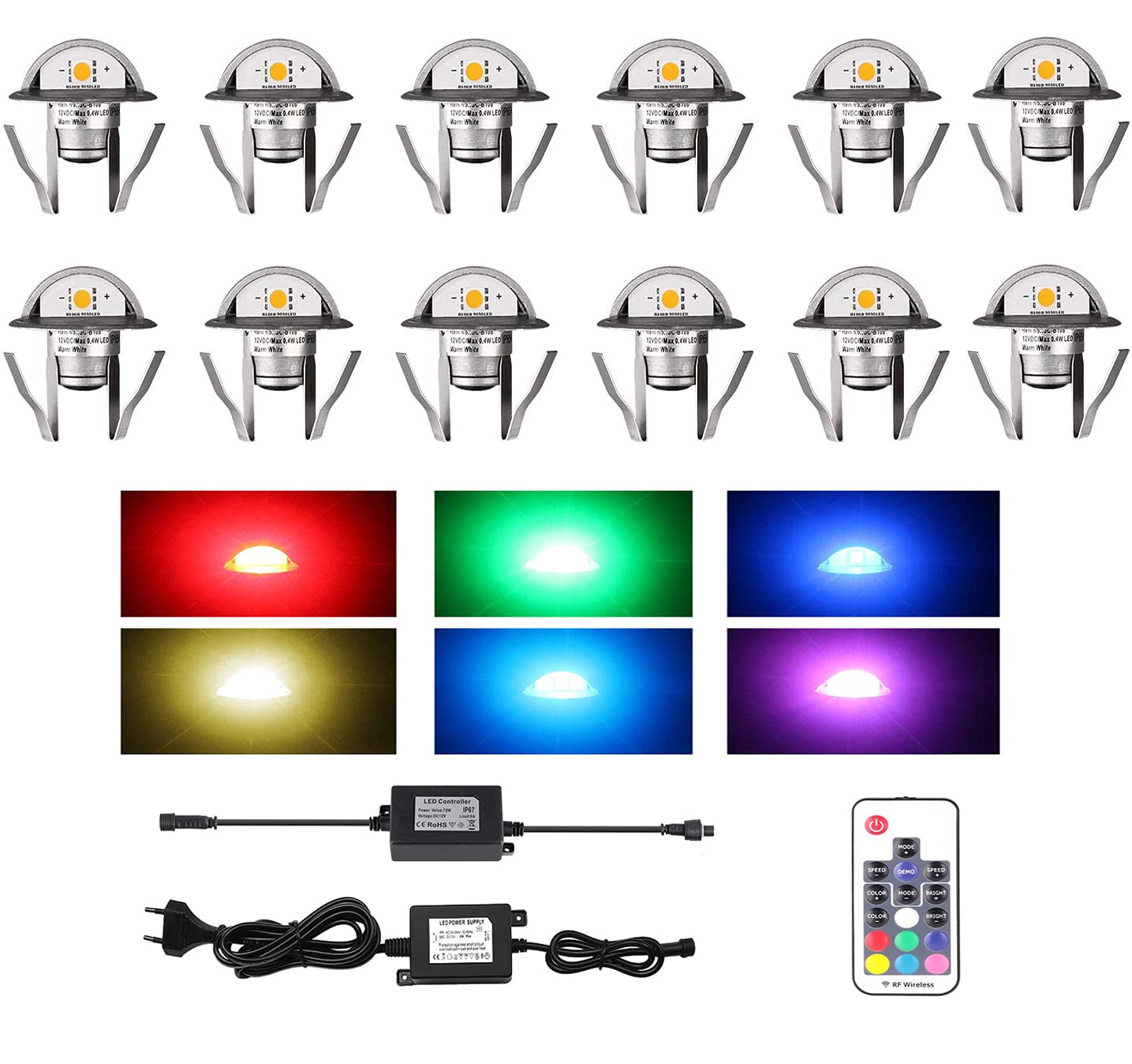 Luci di coperta a zoccolo impermeabili, luce da giardino interrata ad alta luminosità con adattatore Multi-Color 12 Pack IP67 impermeabile per interni/esterni