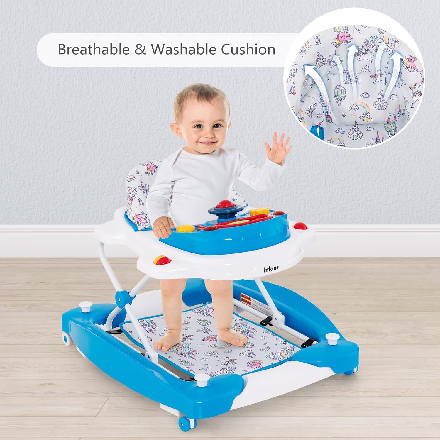 INFANS Baby Walker, 5 in 1 Behind Walker Learning Seated Rocker Bouncer with Removable Music Tray, Adjustable Height, Washable Seat Cushion, Foldable Activity Center for Toddlers (Unicorn)