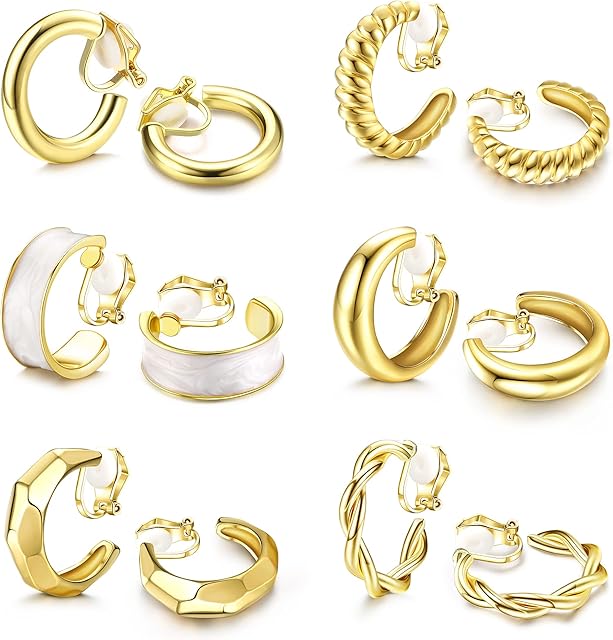 MILACOLATO 6Pairs Ear Cuffs For Women Hoop Earrings For Women Non Piercing Clip On Earrings Gold Plated Huggie Small Chunky Hoop Cuff Earrings For Non Pierced Ears Earrings Set Jewelry For Women
