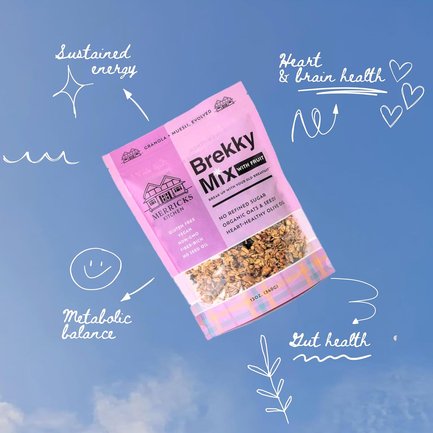 Brekky Mix With Fruit Granola | Low Sugar Breakfast Granola | No Seed Oils, No Refined Sugar | Healthy Protein Granola Cereal | Gluten-Free, Non-GMO | 12oz