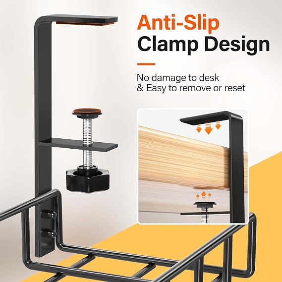 2 Pack Cable Management Under Desk Tray, 31.4 No Drill Under Desk Wire Management with Upgraded Clamp, Metal Cord Organizers for Desk with Cable Organizers, PC Cable Management Rack, Black