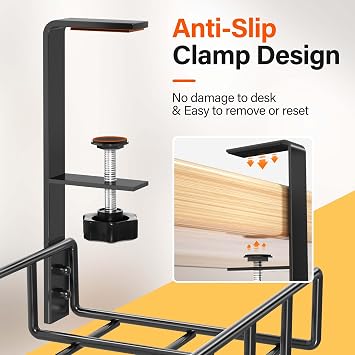2 Pack Cable Management Under Desk Tray, 31.4 No Drill Under Desk Wire Management with Upgraded Clamp, Metal Cord Organizers for Desk with Cable Organizers, PC Cable Management Rack, Black