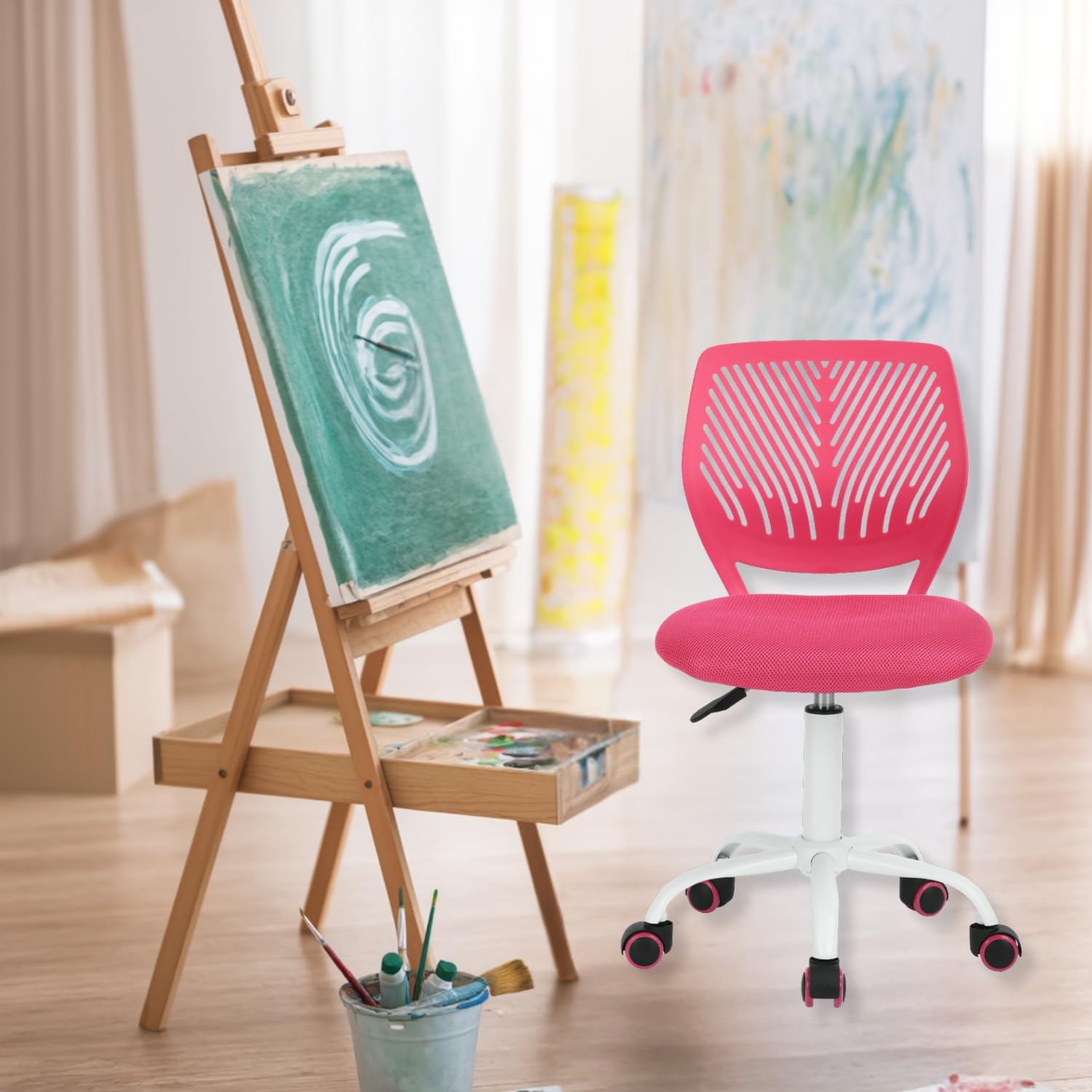HOMYLIN Zeichenstuhl, ergonomisches Design, hochwertiges synthetisches Material, verstellbare Höhe, bequeme Plüschsitze, ideal für Studio, Kunstzimmer, Salon, Rosa, 1 Stück