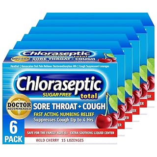 Chloraseptic Sugar-Free Total Sore Throat & Cough Lozenges, Wild Cherry, Cough Drops with Liquid Center to Numb Sore Throat for Up to 4 Hours, 15 Count, Pack of 6 - Amazon product rated Grade B