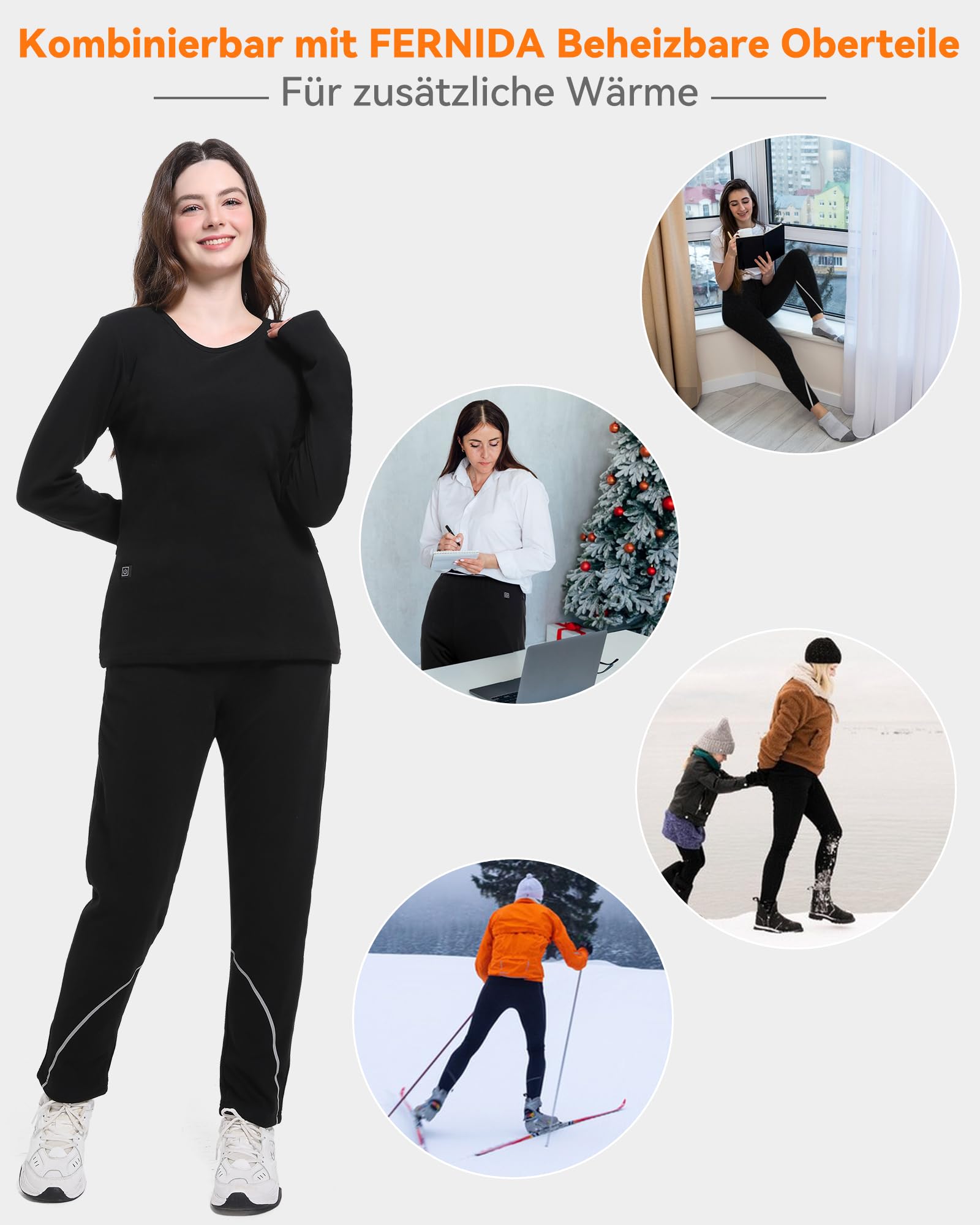 FERNIDA Pantaloni riscaldati da Donna, Neri Termici, con Power Bank, Invernali, Caldi, Leggings Termici, 3 Livelli di Temperatura