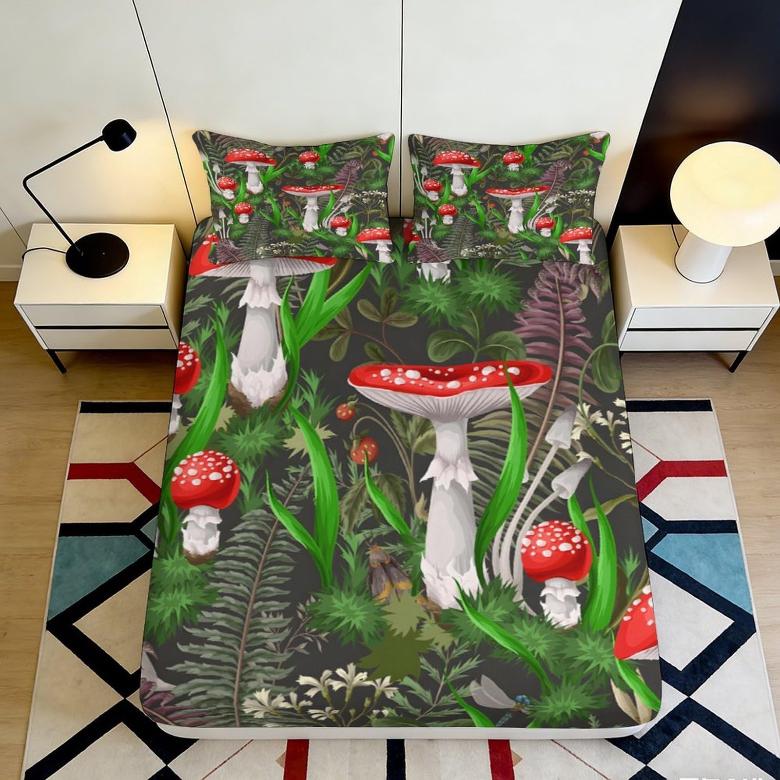 3D Printed Red Mushroom Fitted Sheet Microfiber Durable Breathable Forest Pattern Bed Cover for Bedroom Dormitory Guest Room Mattress Protection 160x200x25cm