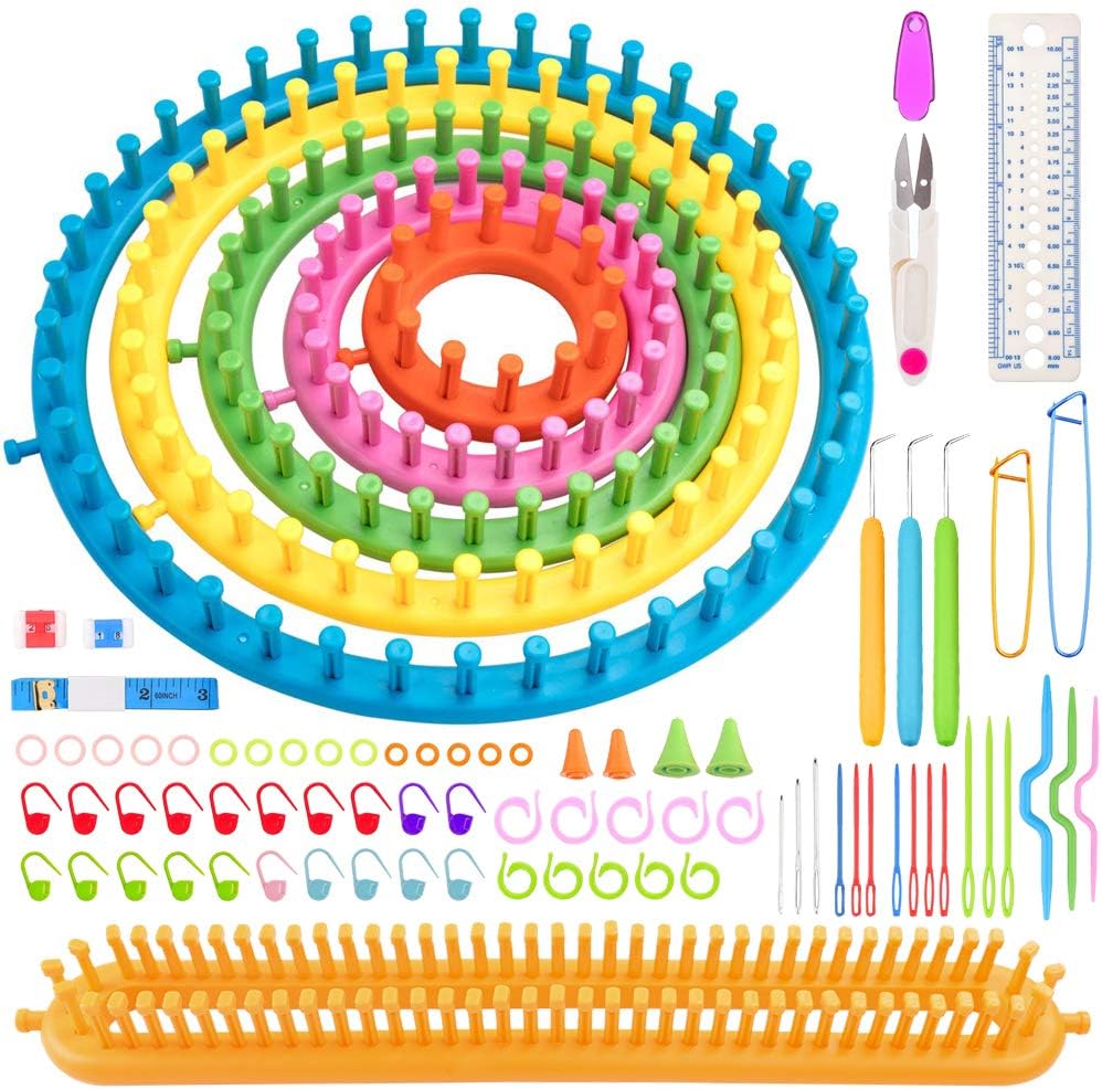 Knitter Looms Set with Tool Marker Kit,6 Size Plastic Round Long Knitting Looms Set,Scraf Hat Maker Craft Knit Loom Tools Kit,Knitting Needle and Hook for Knitting Hat,Bags,Scarf Shawl Sweater Sock