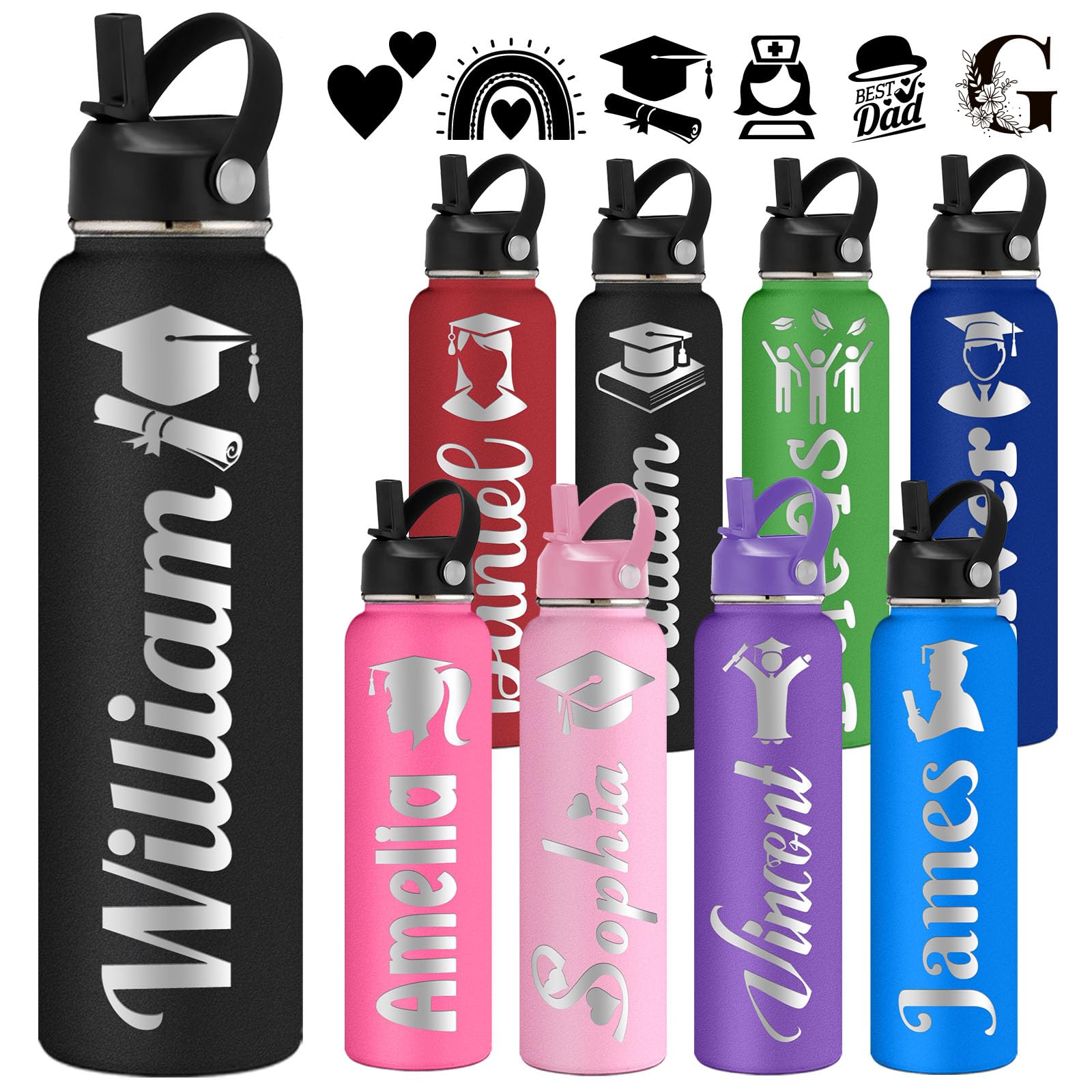 Bllkloruek Custom Water Bottle Personalized for Kids Adults Name Engraved Graduation Customized Insulated Water Bottles with Straw Lid - 12/18/24/32/