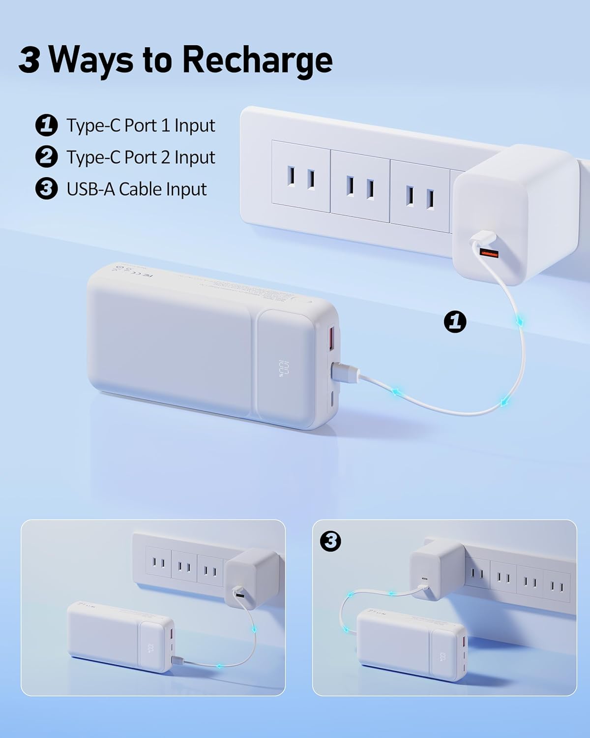 Power-Bank-Portable-Charger 49800mAh Portable Phone Charger Power Bank with 3 Built-in Cable(USB-C, iOS, USB-A), 22.5W Fast Charging LED Display External Battery Pack for iPhone Android Samsung, etc