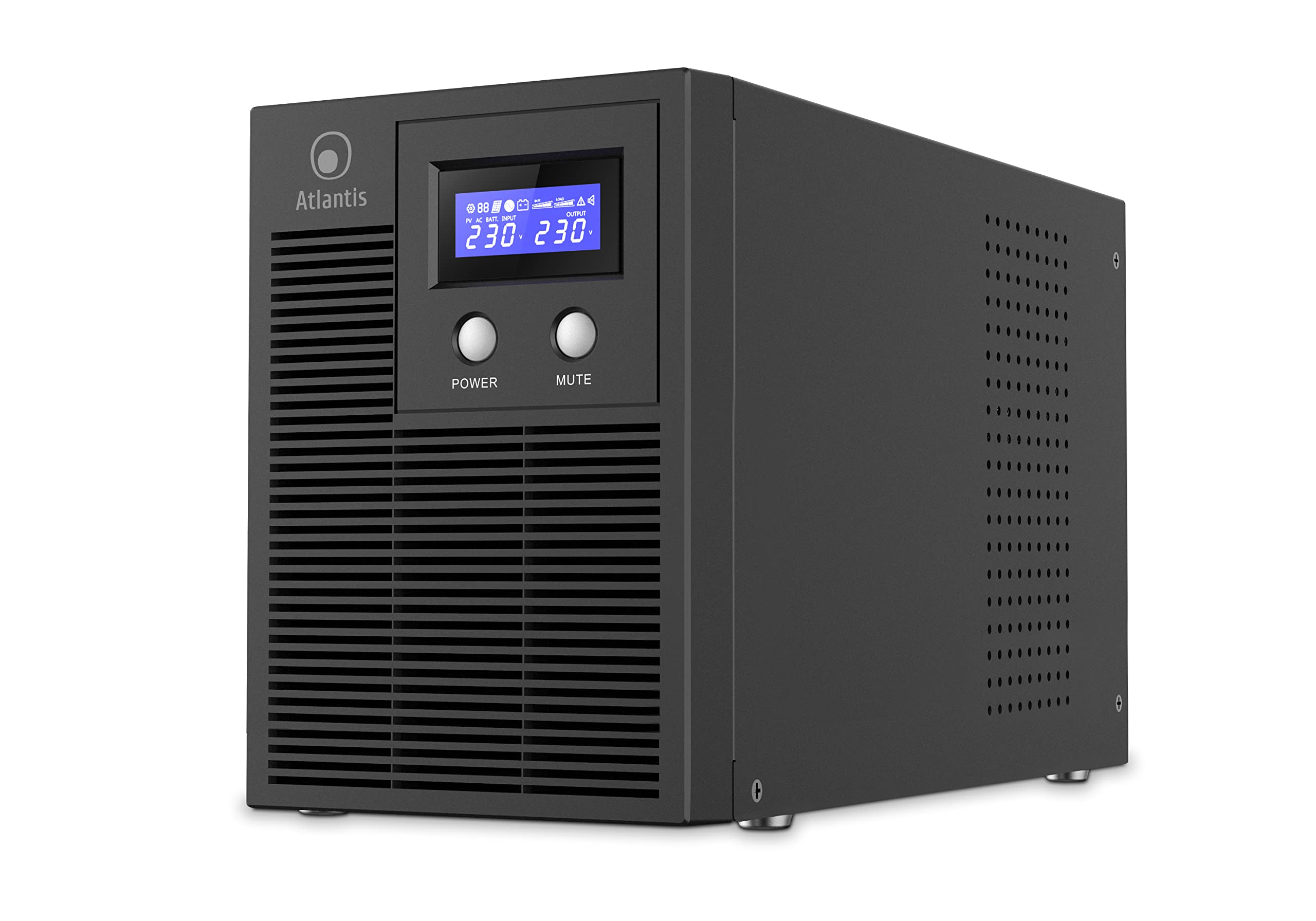 Atlantis A03-HP4003P Sistema de alimentación ininterrumpida Onda sinusoidal Pura 3000VA 2100W Line Interactive, Pantalla LCD, USB-HID, 6 Salidas IEC, 4 baterías 12V 7Ah, RS232, Ranura SNMP, Software
