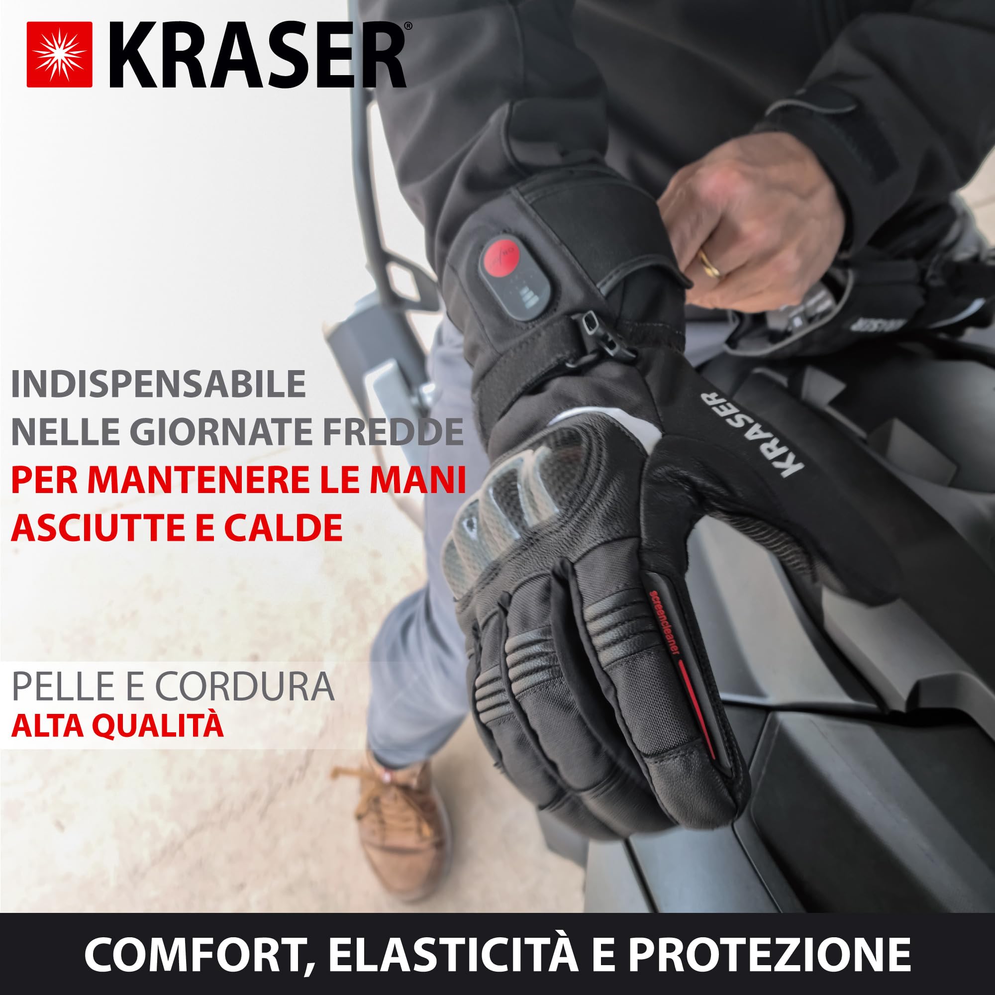 KRASER KRGS28 Guanti Moto Premium Omologato, Protezione in Fibra di Carboni, Pelle e Cordura, Testato Estreme, Impermeabili e Riscaldati, 3 Livelli, Guanti Moto Invernali per Uomo e Donna