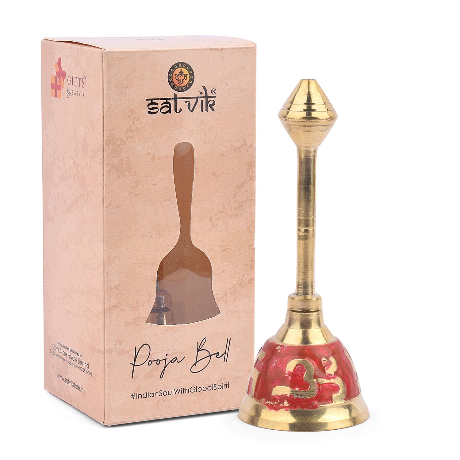 SATVIK 1 Pc Brass Swastik Puja Bell Indian Religious Diwali Festive Daily Pooja Home Mandir Temple Office Ghanti Wedding Christmas Dinner Call Handheld Bell Spirtiual Housewarming Return Gifts