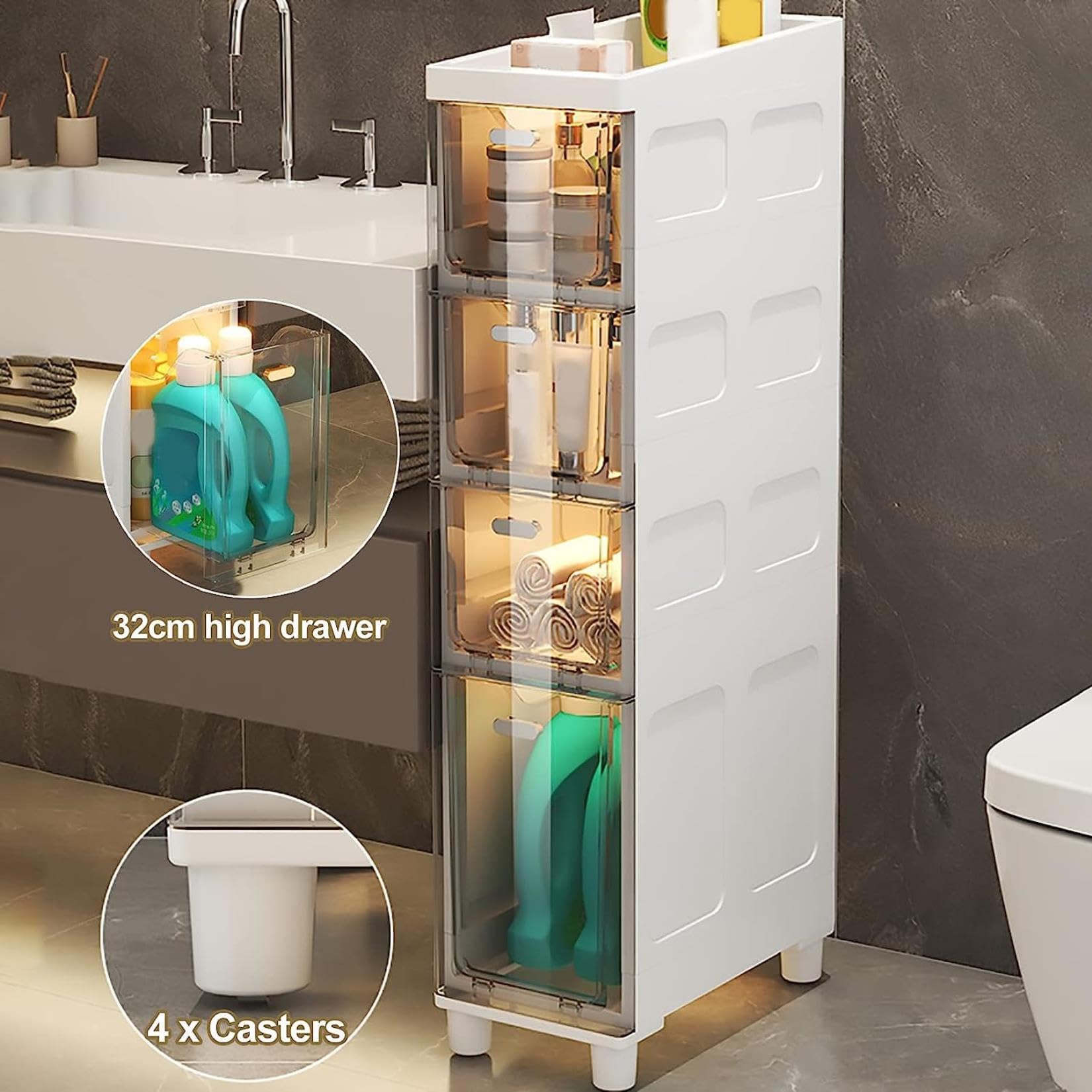 Cajones de almacenamiento apilables Gabinete de baño Delgado de almacenamiento, Gabinete de almacenamiento de Papel higiénico Delgado de Gran capacidad con cajones de plá
