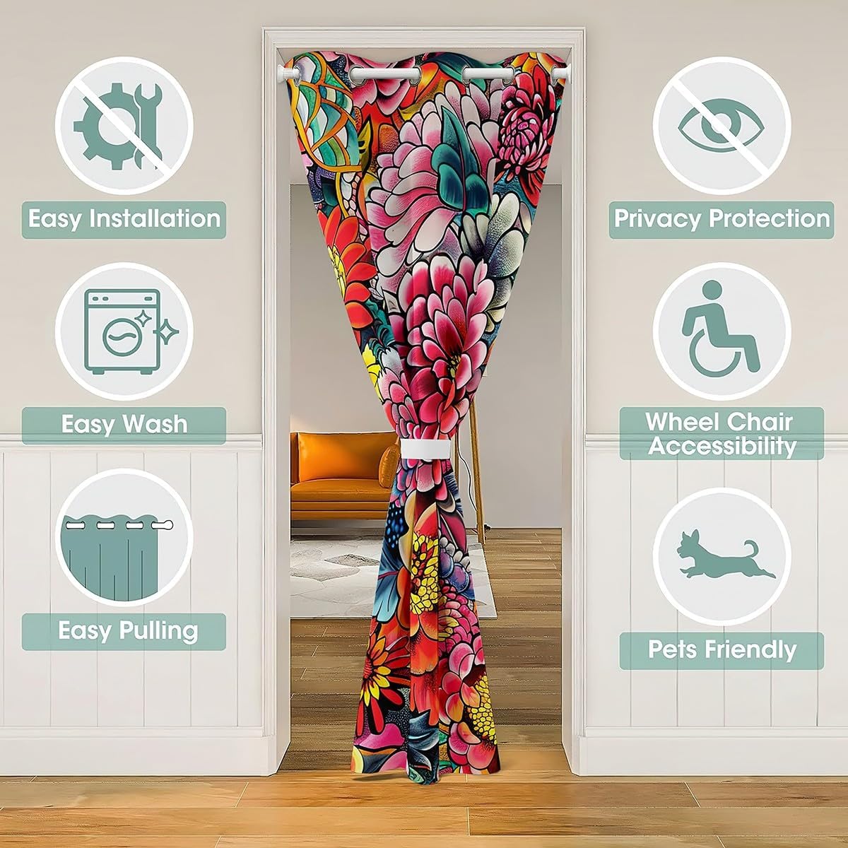 Erosebridal Boho Floral Blackout Curtain for Bedroom,Bohemian Door Curtain 59" W X 80" L,Garden Plant Jungle Colored Flower Closet Doorway Curtain Bedroom Doorway Living Room, Insulated Thermal