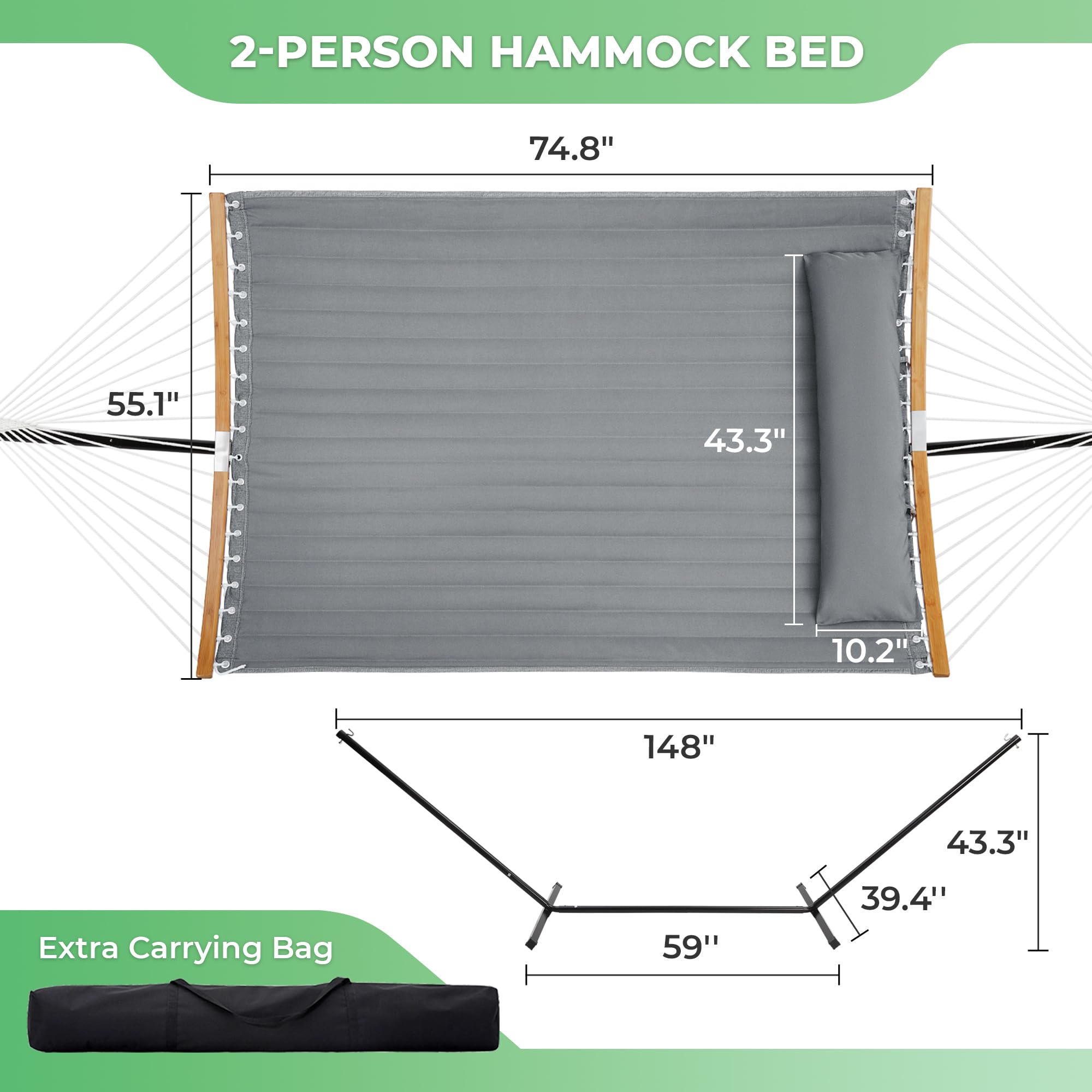 SUPERJARE Hammock with Stand, 2 Person Heavy Duty Hammock with Padded Cotton, Detachable Pillow & Strong Curved-Bar & Portable Carrying Bag, Perfect for Outdoor & Indoor, Neutral Gray