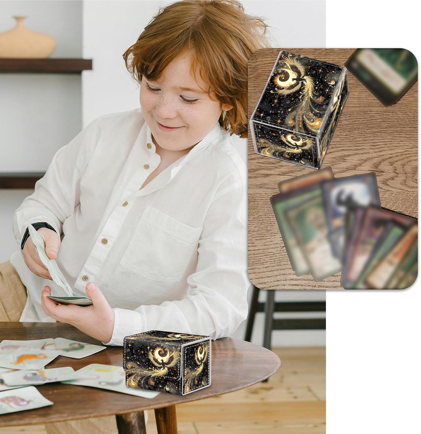Strong Magnet for TCG MTG Commander Deck Box Playing Card Case Organizer Trading Card Case Trading Card Storage Box for Collectible Games Up to 200 Cards, Celestial Phoenix Moon Stars