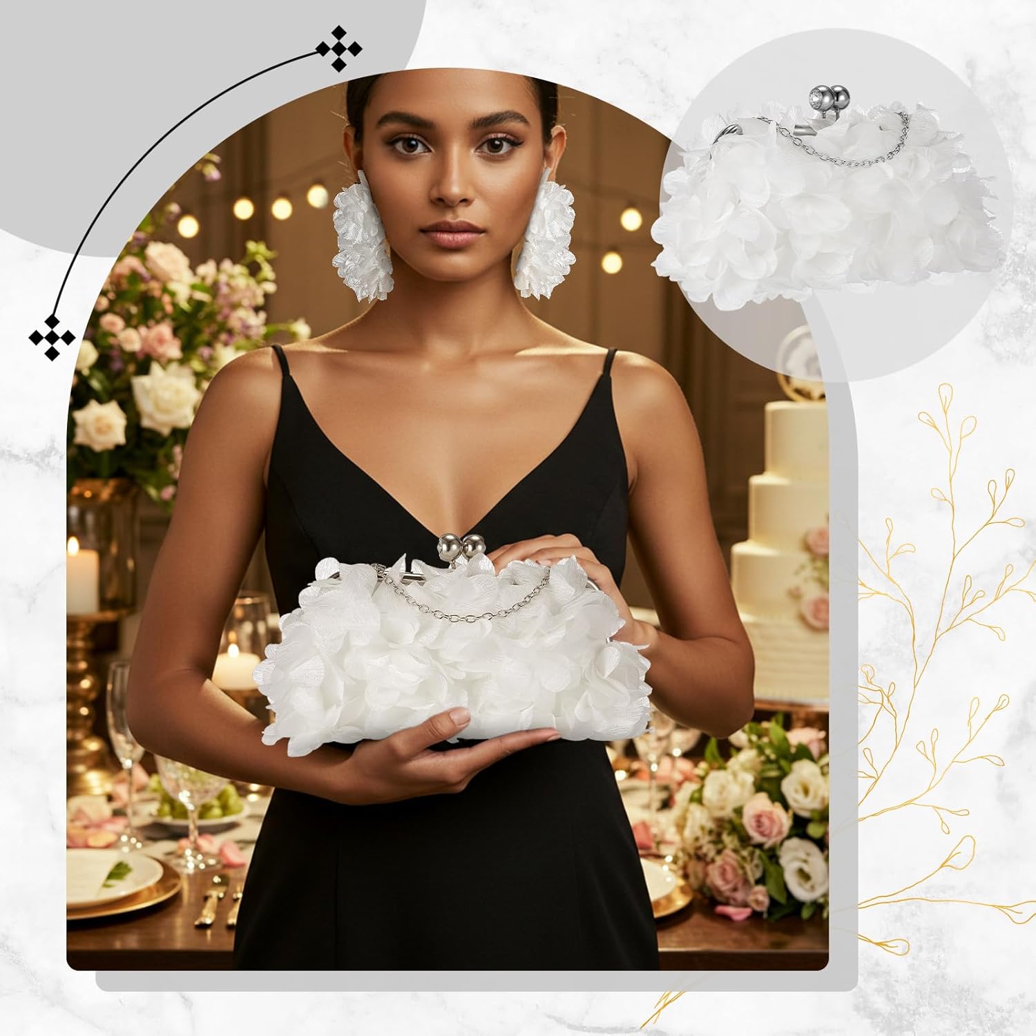 Women Evening Bag Floral Clutch Purse Flower Dangle Earrings Set with 2 Detachable Chain for Wedding, Party, Prom