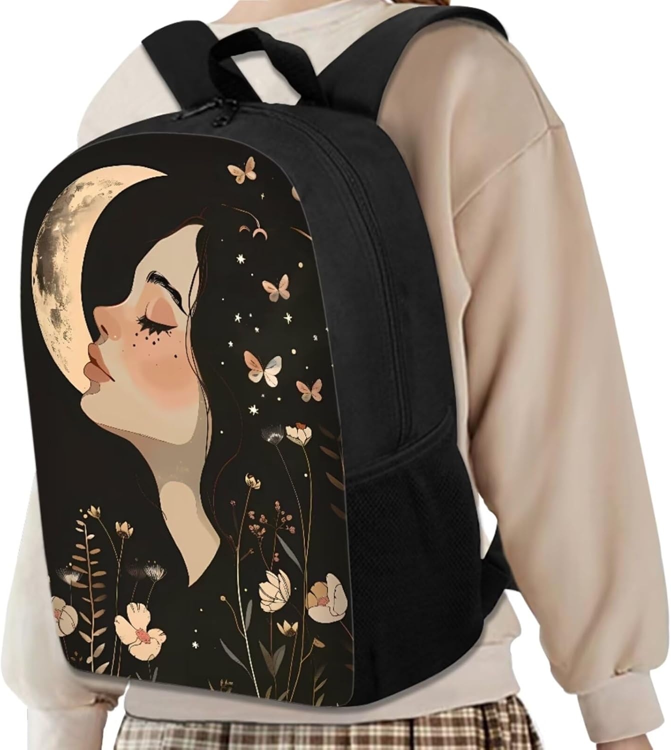 Butterfly Backpack for School Girls 6th Grade Moon School Bag with Lunch Bag Water Bottle Sleeve Round Pen Holder Set 4 in 1 Rucksack Bookbags with Adjustable Straps