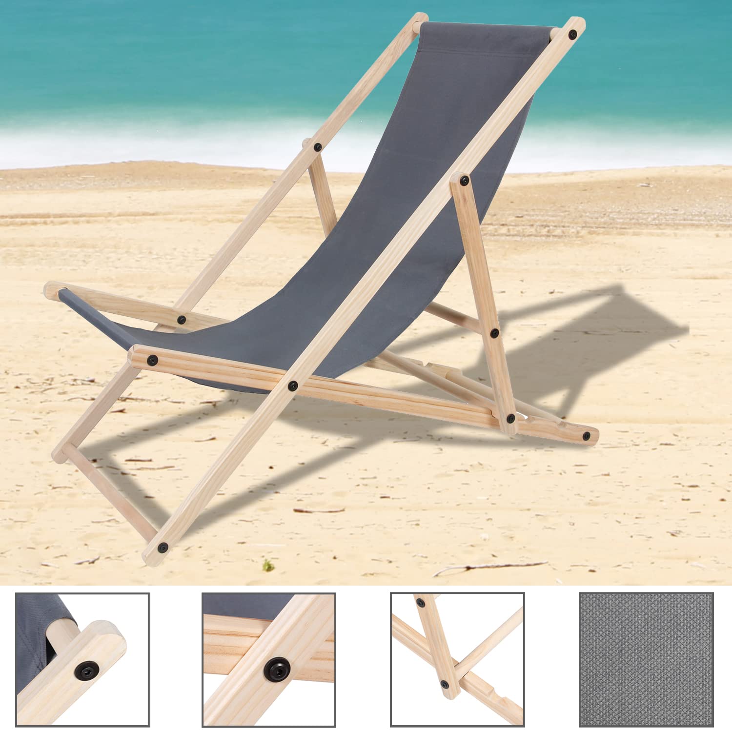 Lot de 2 chaises longues pliantes en bois - Charge maximale : 120 kg - Pour plage, camping, balcon, piscine, chaise pliante en bois, chaise longue de plage, résistante aux intempéries, grise