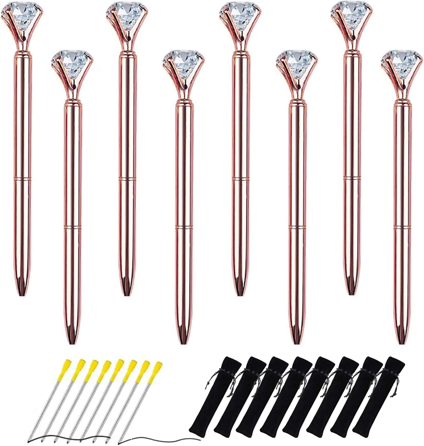 8 PCS Rose Gold Big Crystal Diamond Ballpoint Pen Bling Metal Ballpoint Pen for Christmas Wedding Birthday, Includes 8 Pieces Pen Refills,8 Pieces Black Velvet Bags