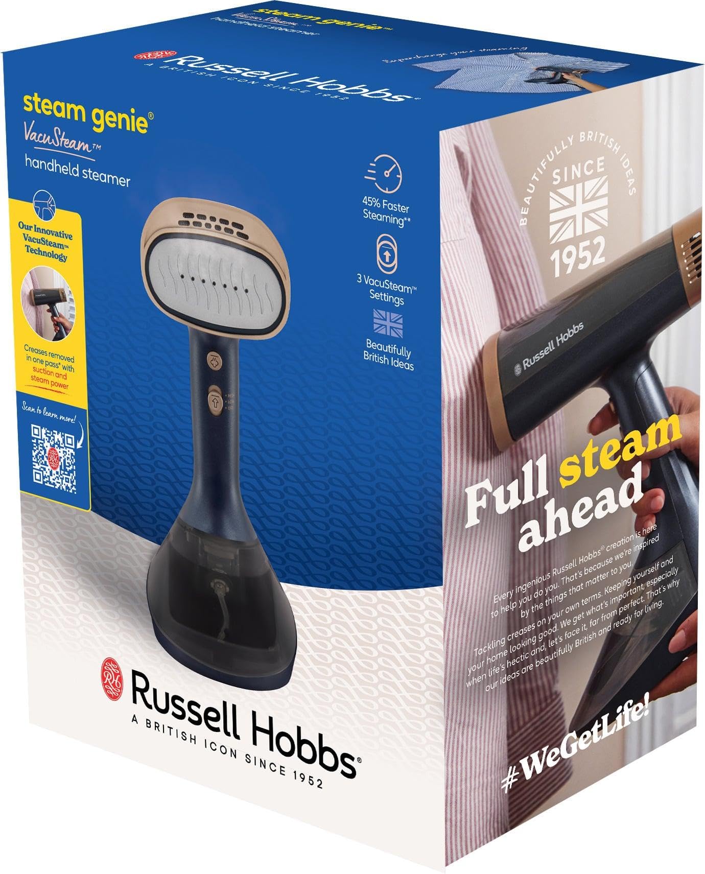 Russell Hobbs Vapore per indumenti a vapore Genie VacuSteam, 23 g/min vapore, 7 minuti di funzionamento, riscaldamento 40 secondi, stiratura efficiente e potenza di aspirazione