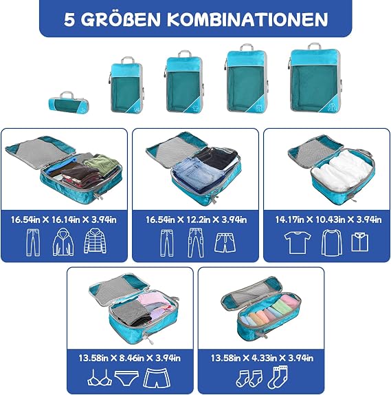 5-Piece Compression Packing Cube Set for Travel, Compression Packing Cube for Organising Your Travel Luggage, Ultralight, Storage Bag, Suitcase Organiser, for Backpack & Suitcase (Blue)