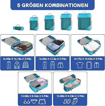 5-Piece Compression Packing Cube Set for Travel, Compression Packing Cube for Organising Your Travel Luggage, Ultralight, Storage Bag, Suitcase Organiser, for Backpack & Suitcase (Blue)