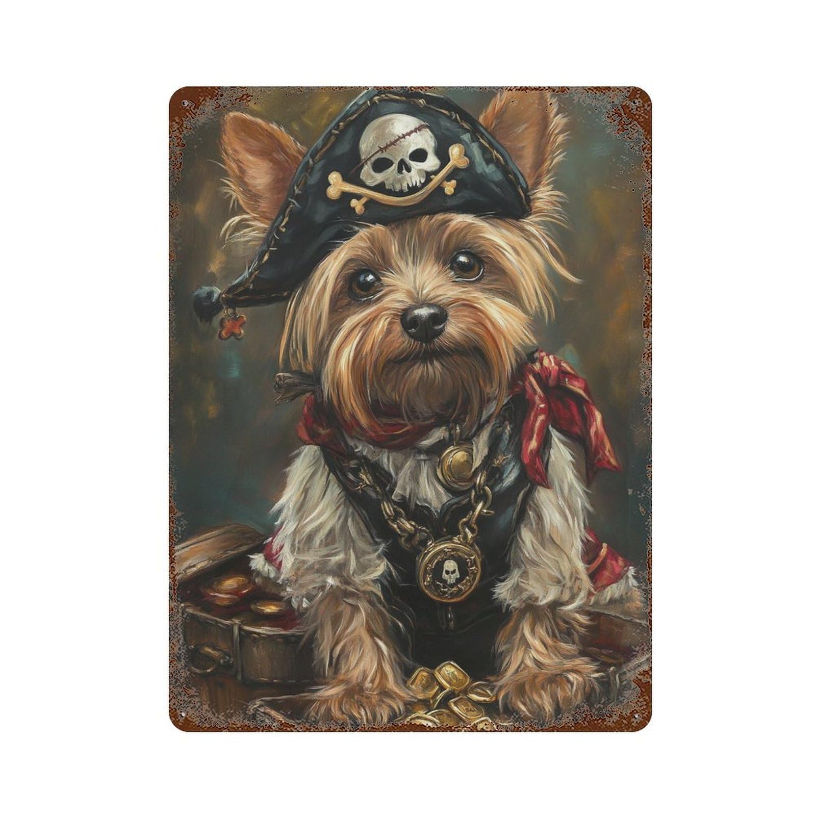 Rust Effect Pirate Dog Treasure Chest-120 Rustic Tin Plaque 15.7"x11.8", Shabby Chic Decor for Basement, Hobby Room And Garage Decor