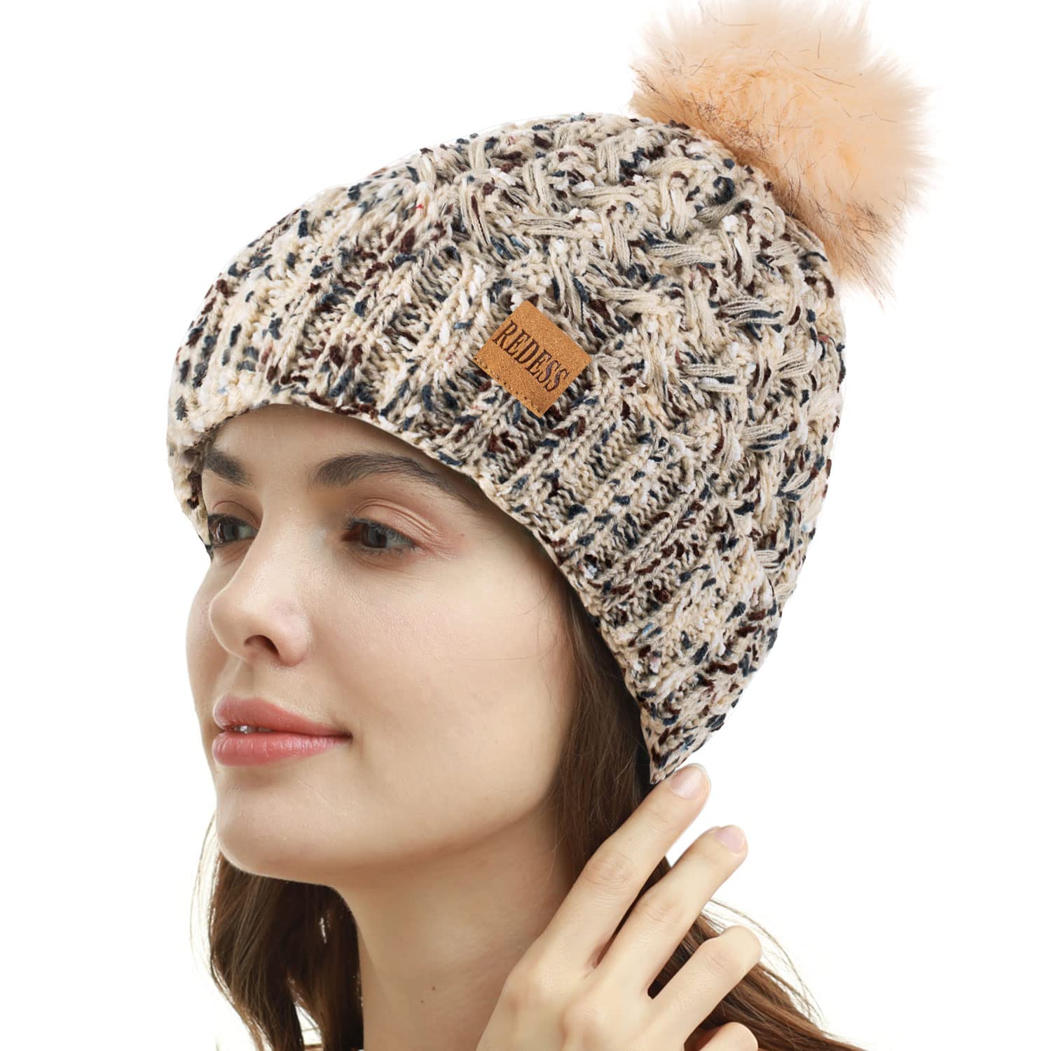 REDESS Cappello Invernale da Donna con Pompon con Pompon Cappelli Caldi Foderati in Pile, Berretto Incrociato in Maglia di Neve Spessa e Morbida per Le Signore