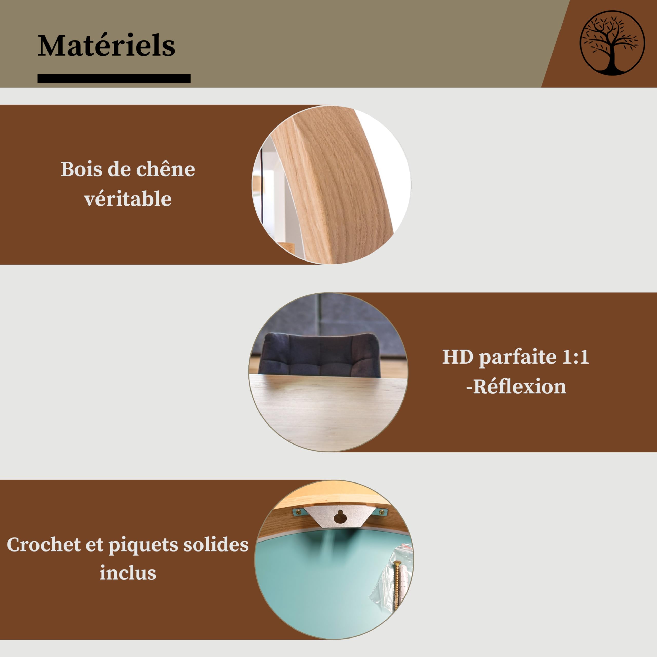 LEJA – Miroir Mural Rond, Cadre en Bois (∅80 cm), chêne – pour Salle de Bain, entrée, Salon, Chambre