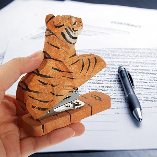 Miniatura 5 de NUOBESTY Grapadora de animales de madera Tigre Sobremesa Grapadora portátil de mano para la escuela Oficina Papelería