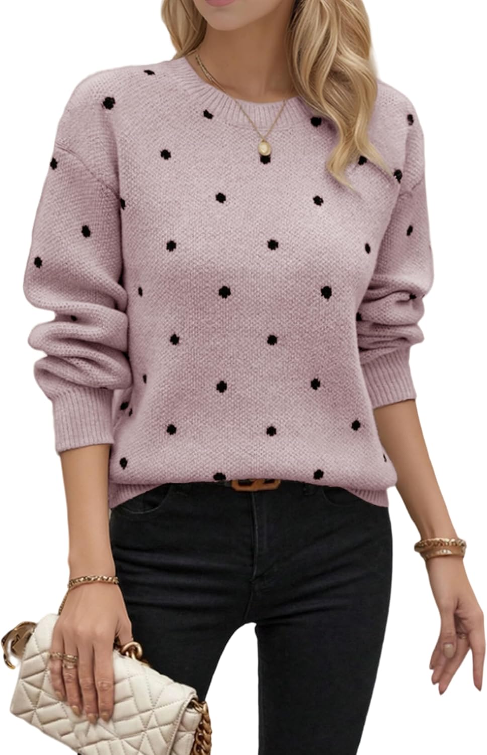 Sweaters for Women Polka Dot Sweater, Crewneck Long Sleeve Tops Fall Winter Casual Knitted Pullover